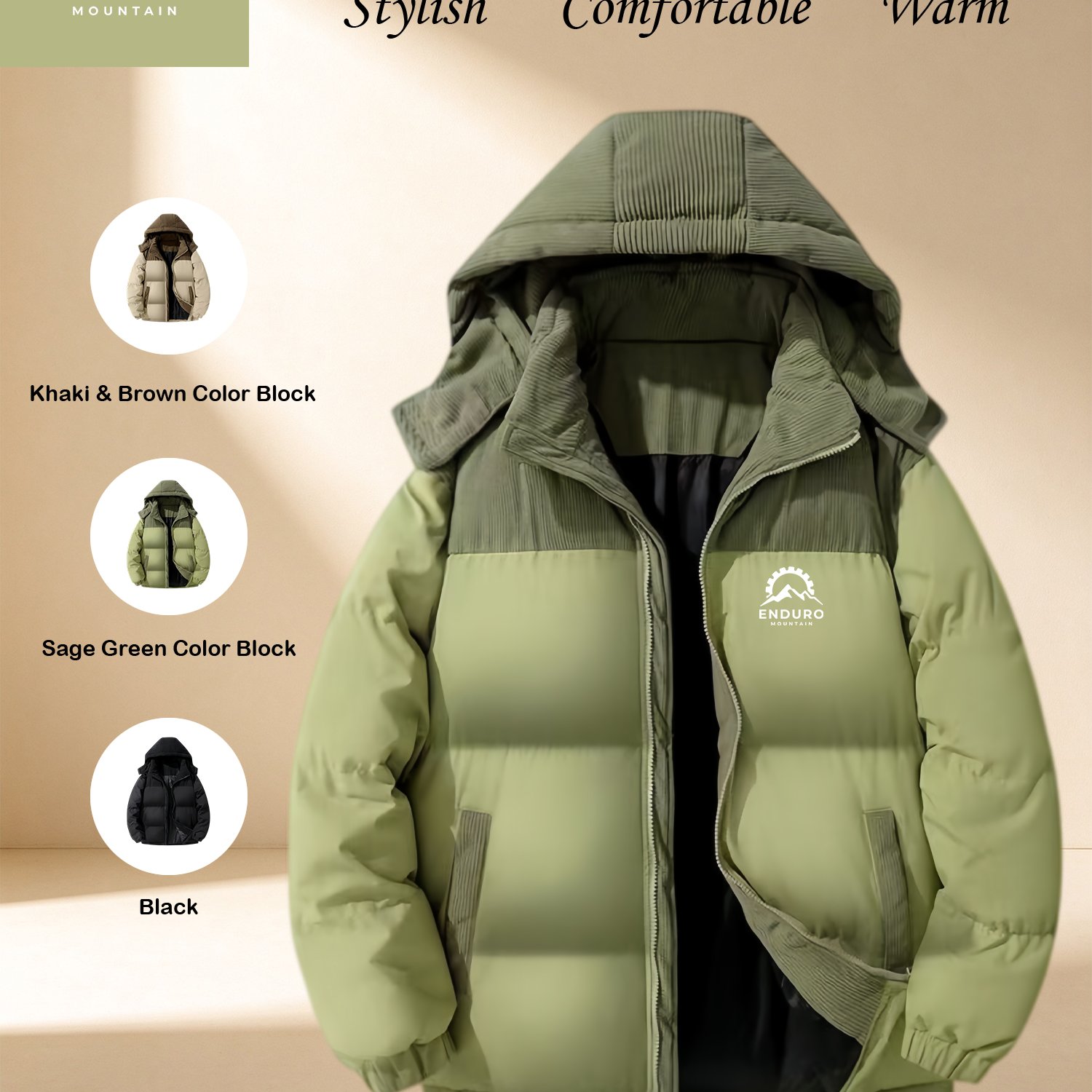 Men's Winter Hooded Corduroy Jacket with Mountain Pattern Print