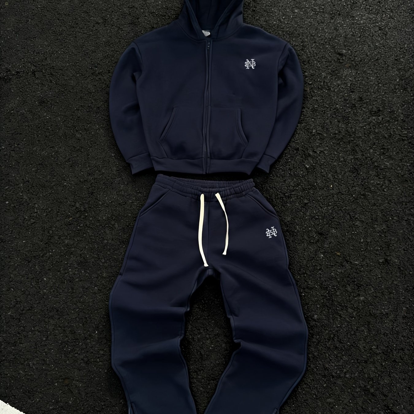 TEMU Heren Geborduurde Hooded Sweatshirt Set, Losse Zip-Up Vest en Wijde Broek 2-delige Set, Casual Sportkleding voor Dagelijks Gebruik