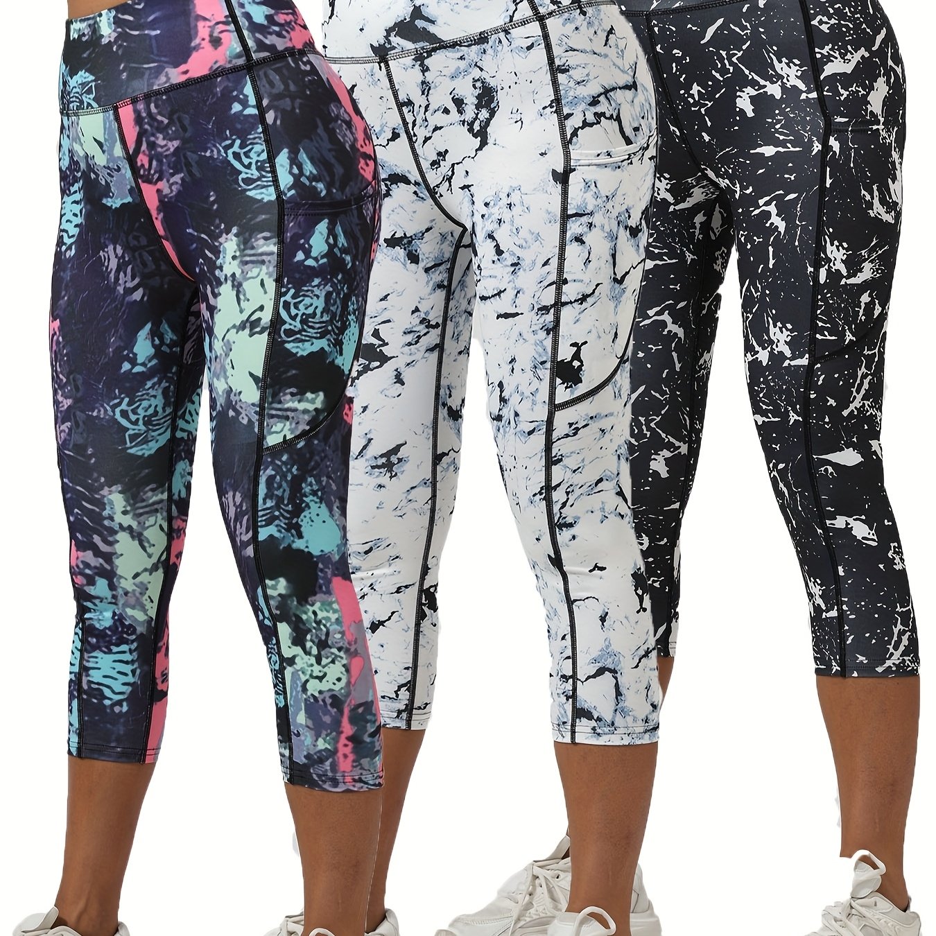 TEMU Conjunto de para mujer, de cintura , ajustado, que realza las curvas, leggings deportivos casuales con bolsillos y estampado tie-dye, ideales