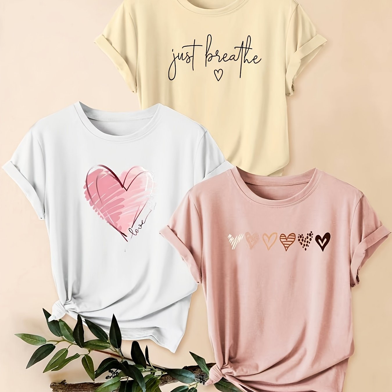 Image of Three-pack Letter Heart Print Fashion Vintage Style Women's Casual Sporty Round Neck Short Sleeve T-shirts