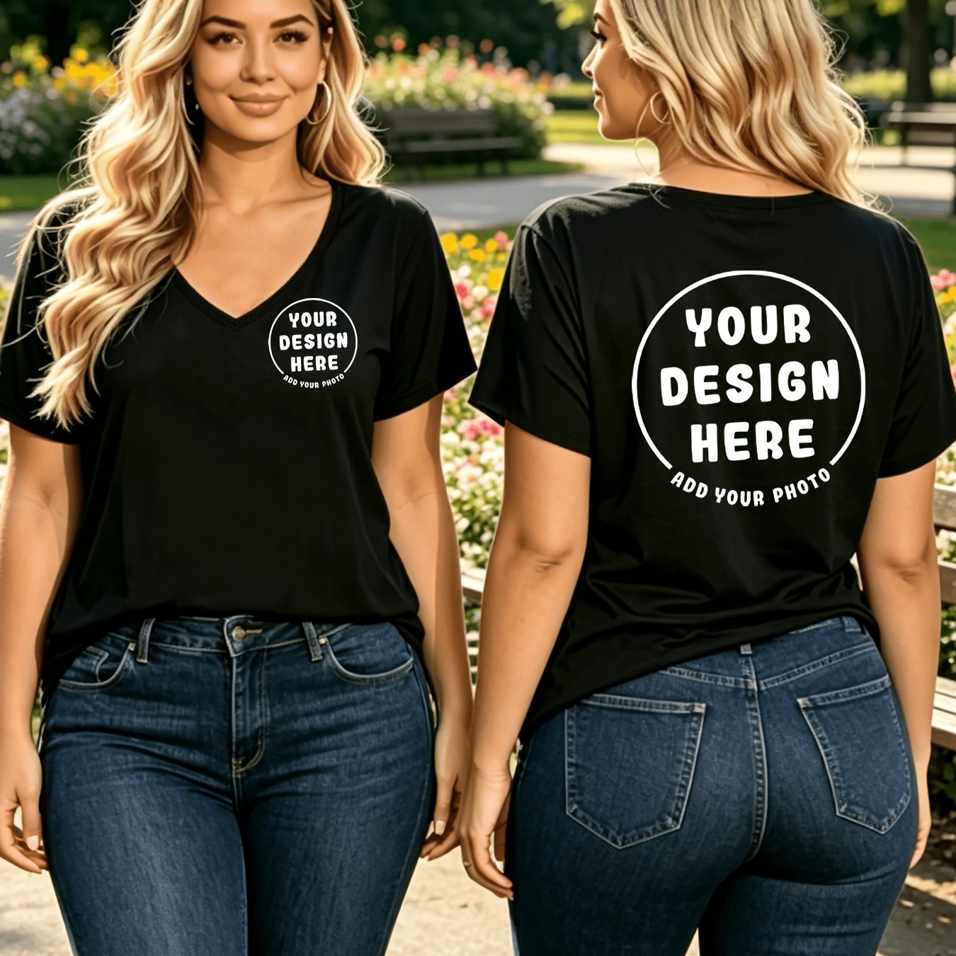 TEMU Plus Size - Custom Printed Women's Plus Size V-neck Short Sleeve T-shirt, Casual Wear, Versatile And Fashionable Style, Front And Back