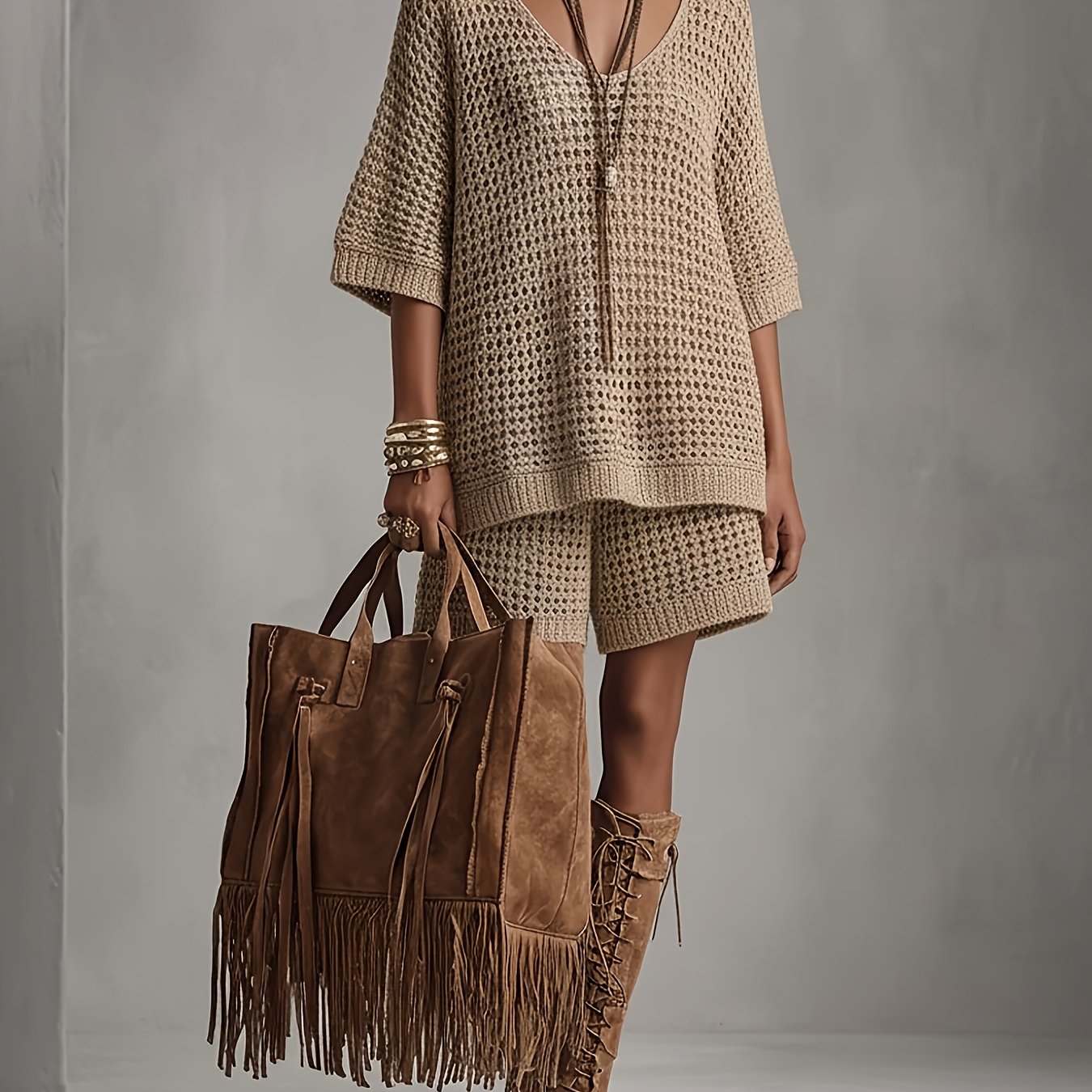 TEMU Completo estivo da donna in stile boh矇mien, top semi- a maglia traforata a e shorts larghi casual, set due pezzi
