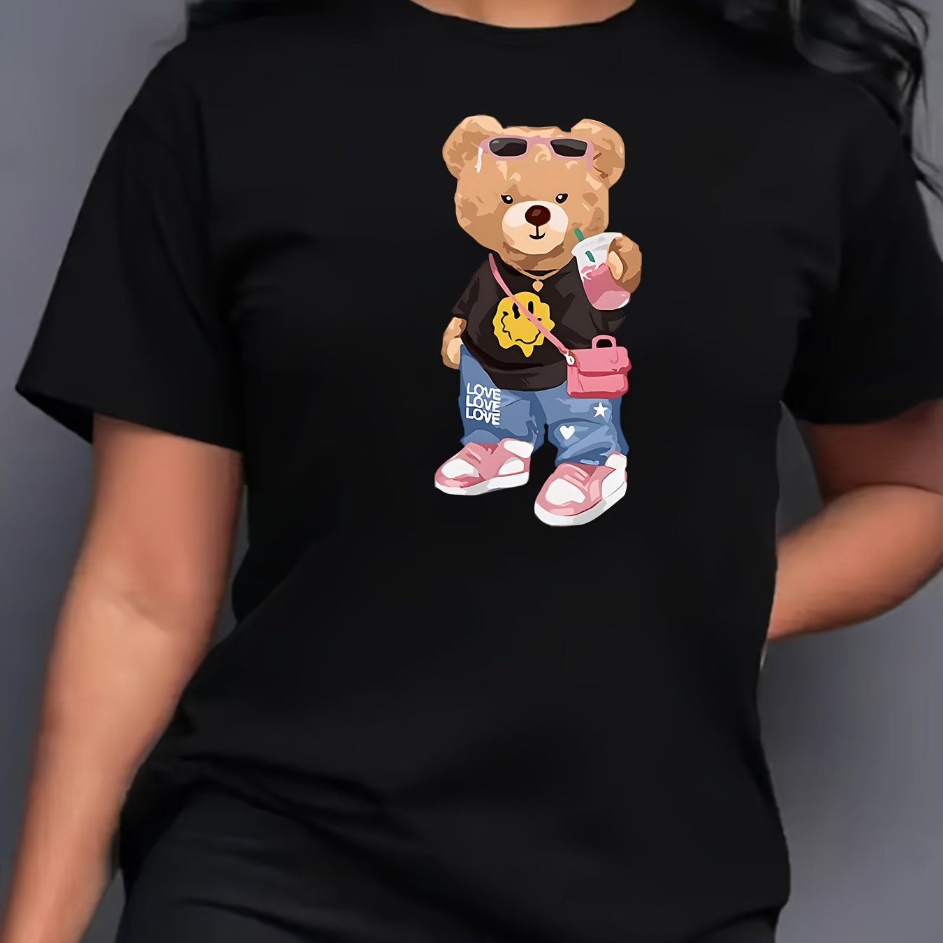 TEMU Cute Bear Print T-shirt, Comfortable Women's Short Sleeve T-shirt, Casual Printed Women's T-shirt, Patterned Women's Top