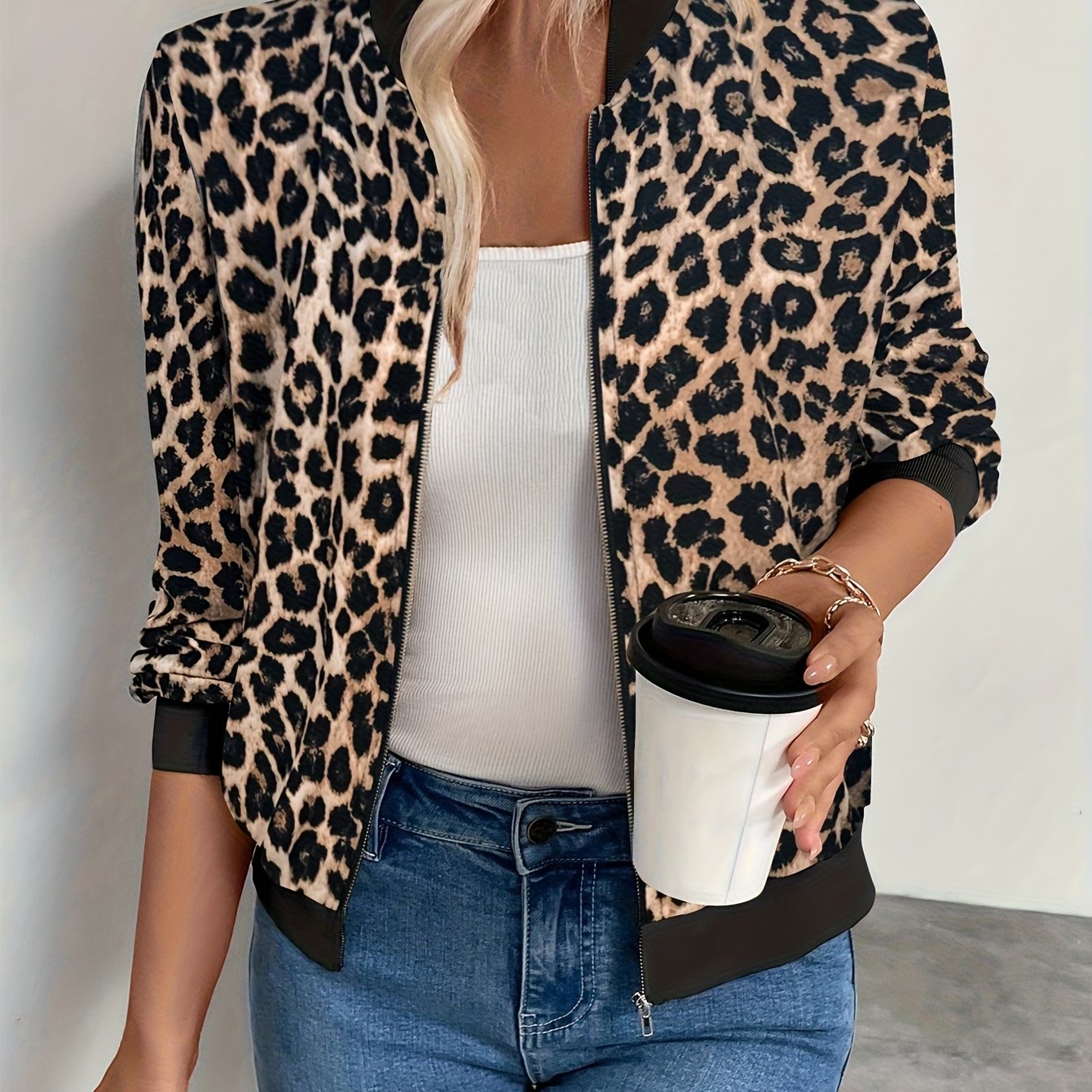 Wanli Women's Long Sleeve Zipper Casual Leopard Print Baseball Regular Trendy Jacket Women Cardigans Women Lightweight Cardigans