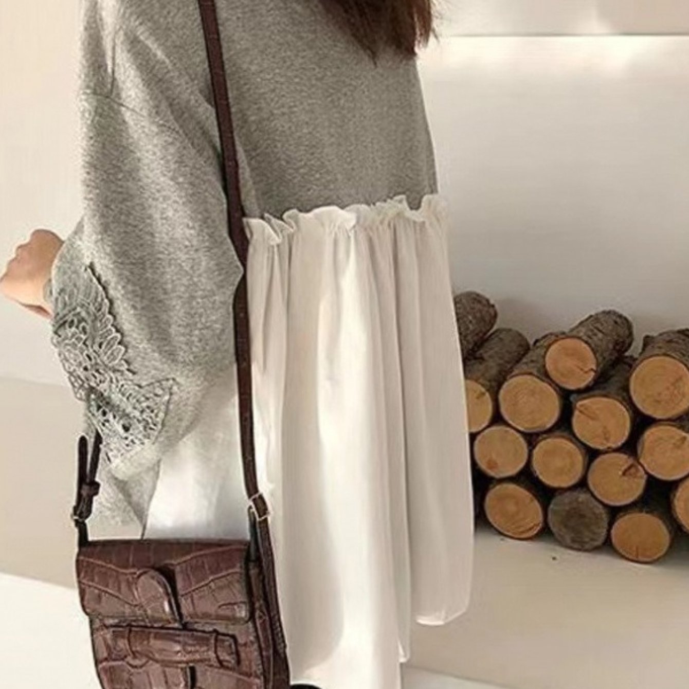 TEMU 【商品名】日本風＆韓国風 ルーズでな刺繍レース カットアウトと七分袖、木製エッジのフリル付きバック、レディース