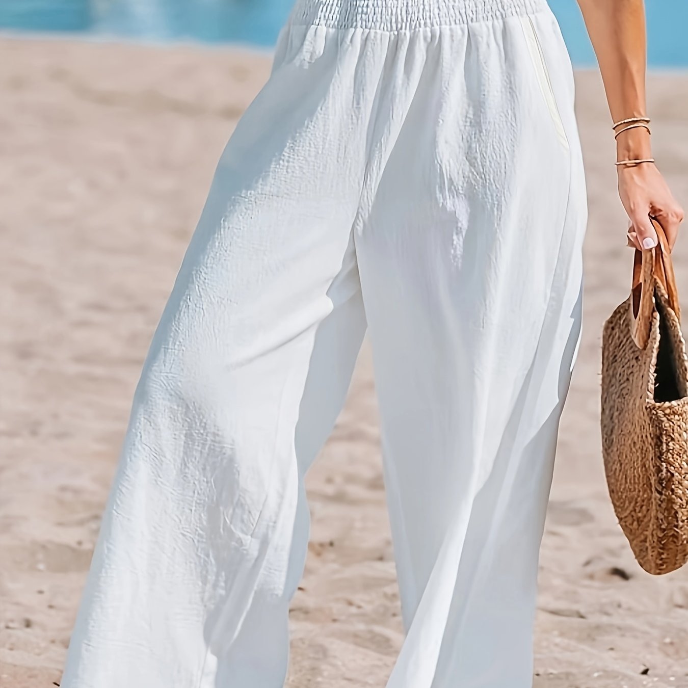 E-shop Plus Size Damen Freizeithose mit Weitem Bein, Hoher Taille und in Unifarben für den Urlaub