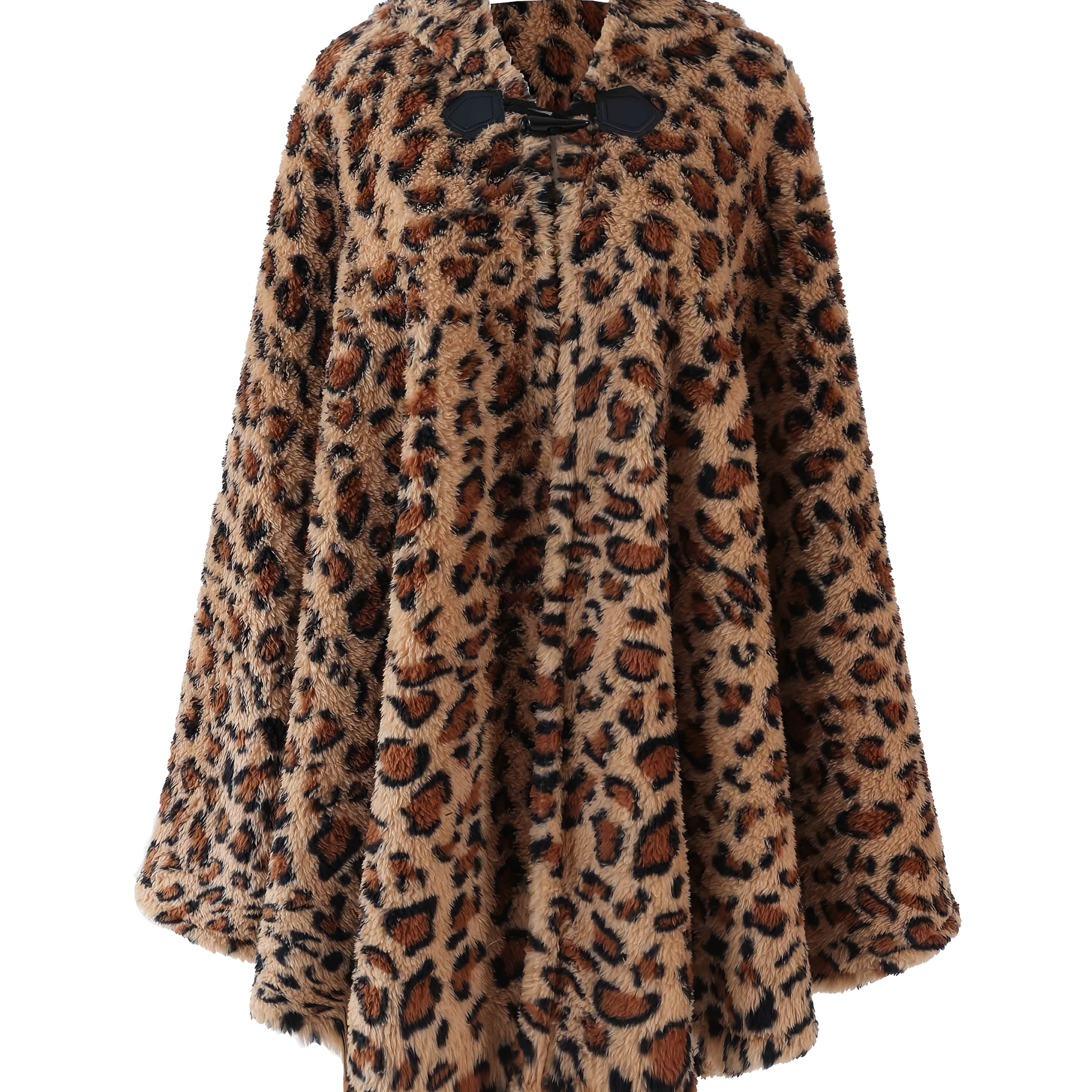 Plus Size, A Leopard Print Fashionable Oversized One-size Shawl With A Hood And Horn Buttons