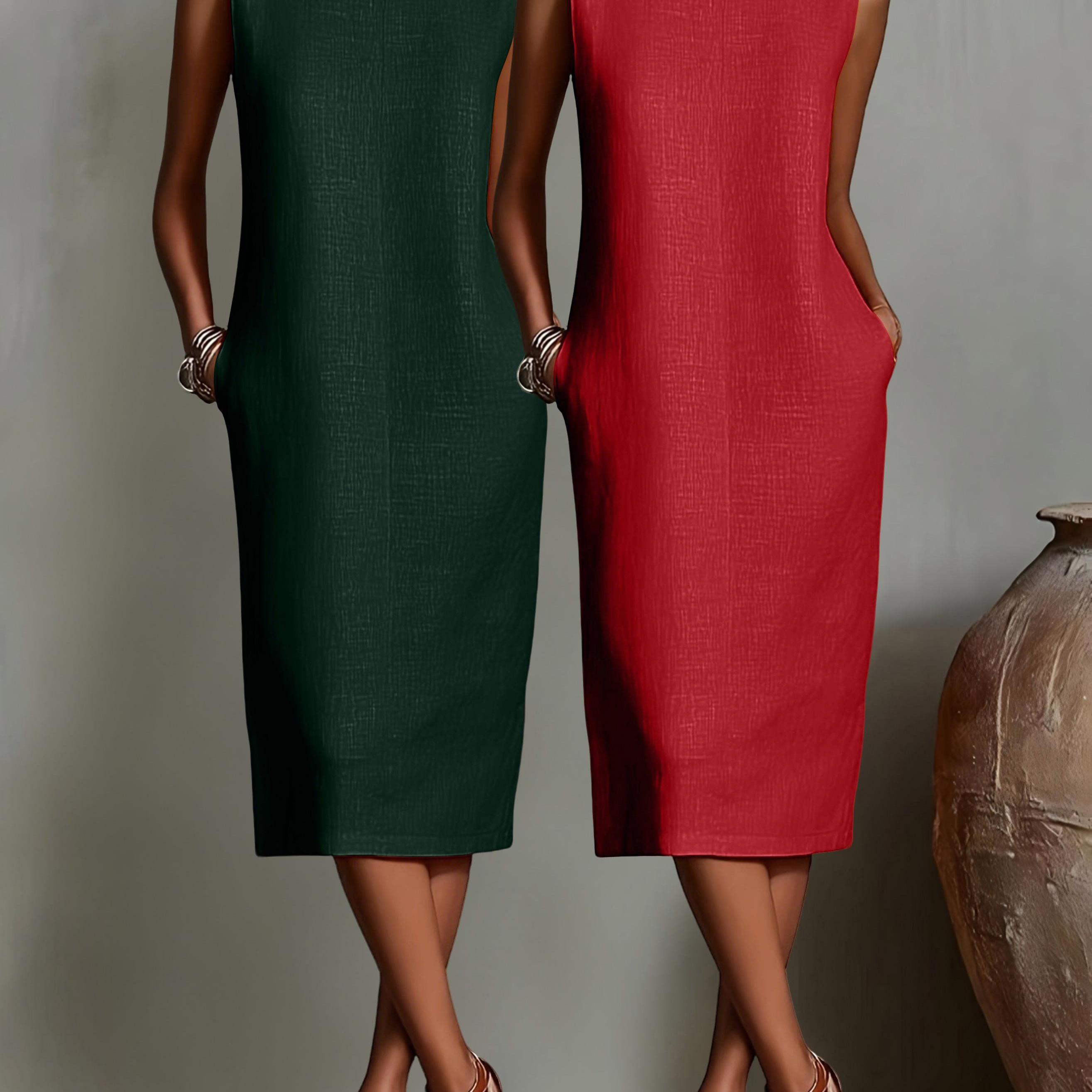 Image of 2pcs, Solid Color Sleeveless Crew Neck Dress, Elegant Temperament Side Pocket Medium And Long Dress, Commuting Daily Simple And Thin Women's Clothing