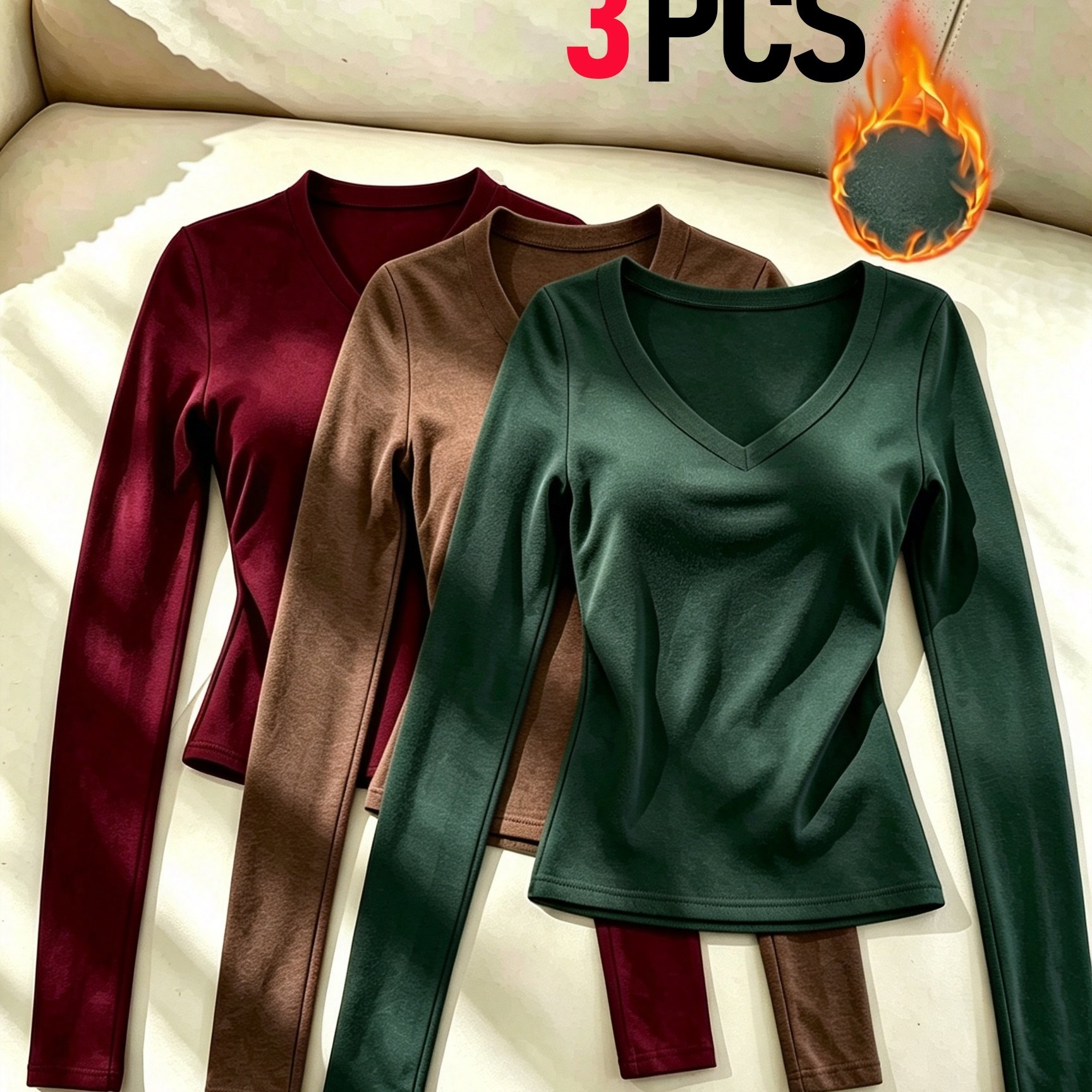 TEMU 3pcs Women's Versatile Long Sleeve Fleece Warm Base Layer Tight Top, Autumn Winter Top