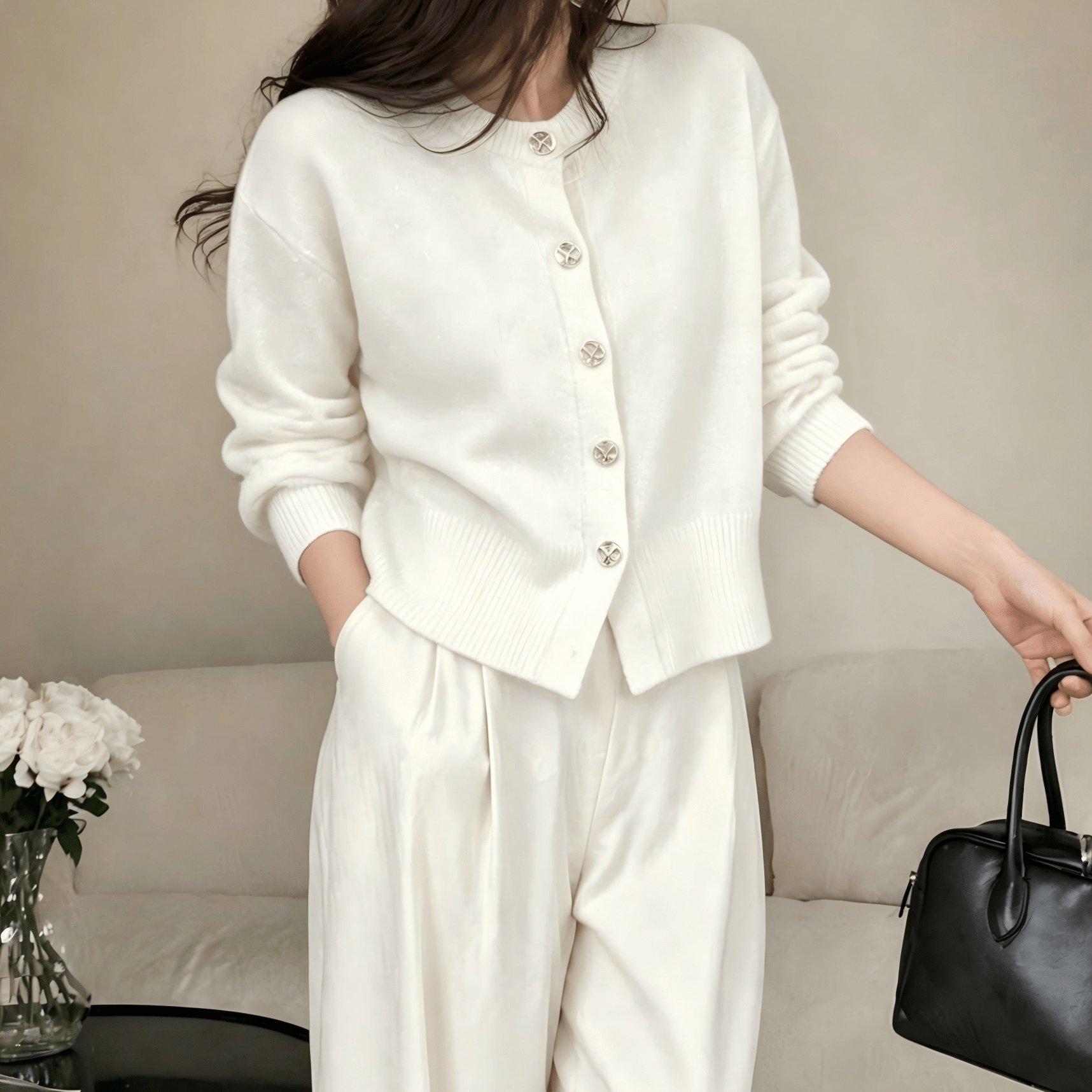 TEMU Cozy Women's Cardigan With Floral Button Accents, Soft Stylish Cardigan For Casual Daily Wear