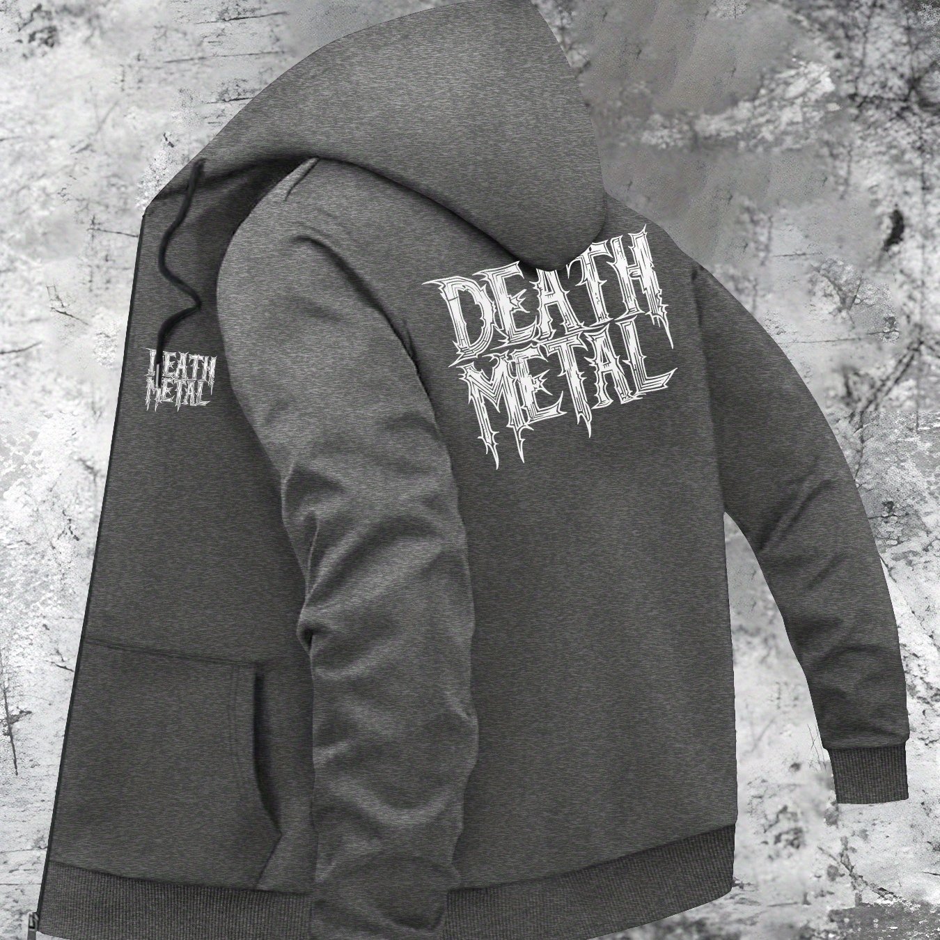TEMU Death Metal Gothic Print Men's Hooded Jacket - Zip-up Casual Coat With Pockets, Machine Washable Autumn/winter Outerwear, Fashionable Design,