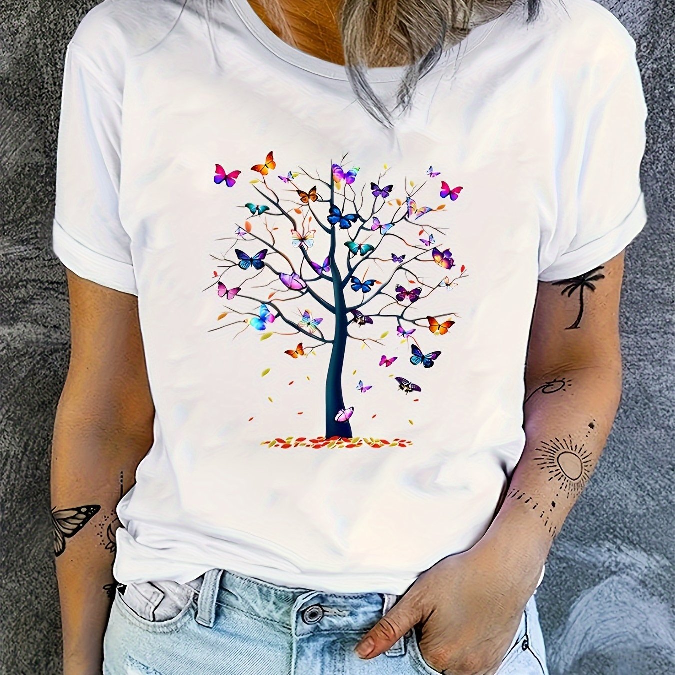 E-shop Schmetterlingsgrafik-Sport-T-Shirt, Bequeme Kurze Ärmel, Lockeres Lässiges T-Shirt-Oberteil, Damen-Sportbekleidung