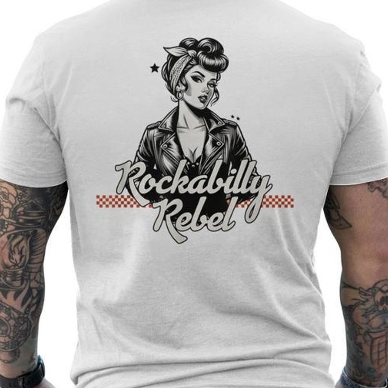 Image of Retro 50s Rock-a-billy Pinup Socks Costume Back Print T-shirt - Men's Crew Neck T-shirt - 100% - Comfortable Fabric - Perfect For Gift Or Just For Yourself