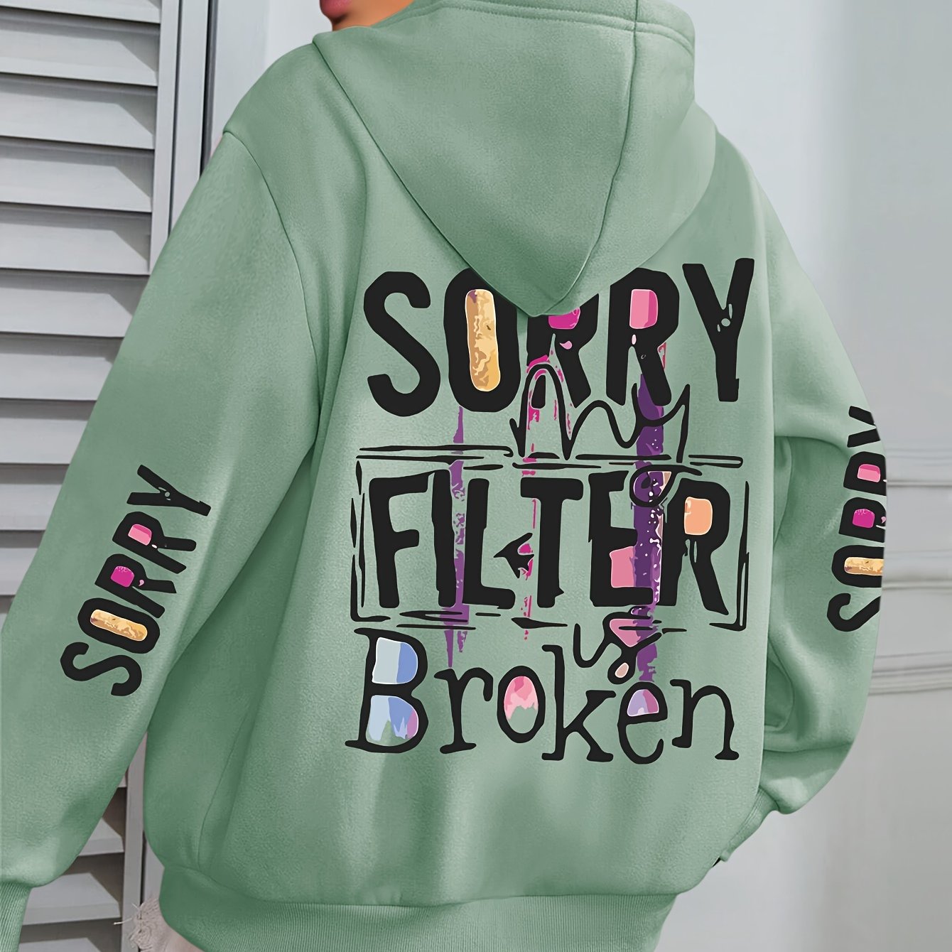 TEMU Sorry Slogan Print Hoodie - Casual Long Sleeve With Pocket, Cozy Polyester Pullover For Women, Perfect For Fall & Winter, Pattern