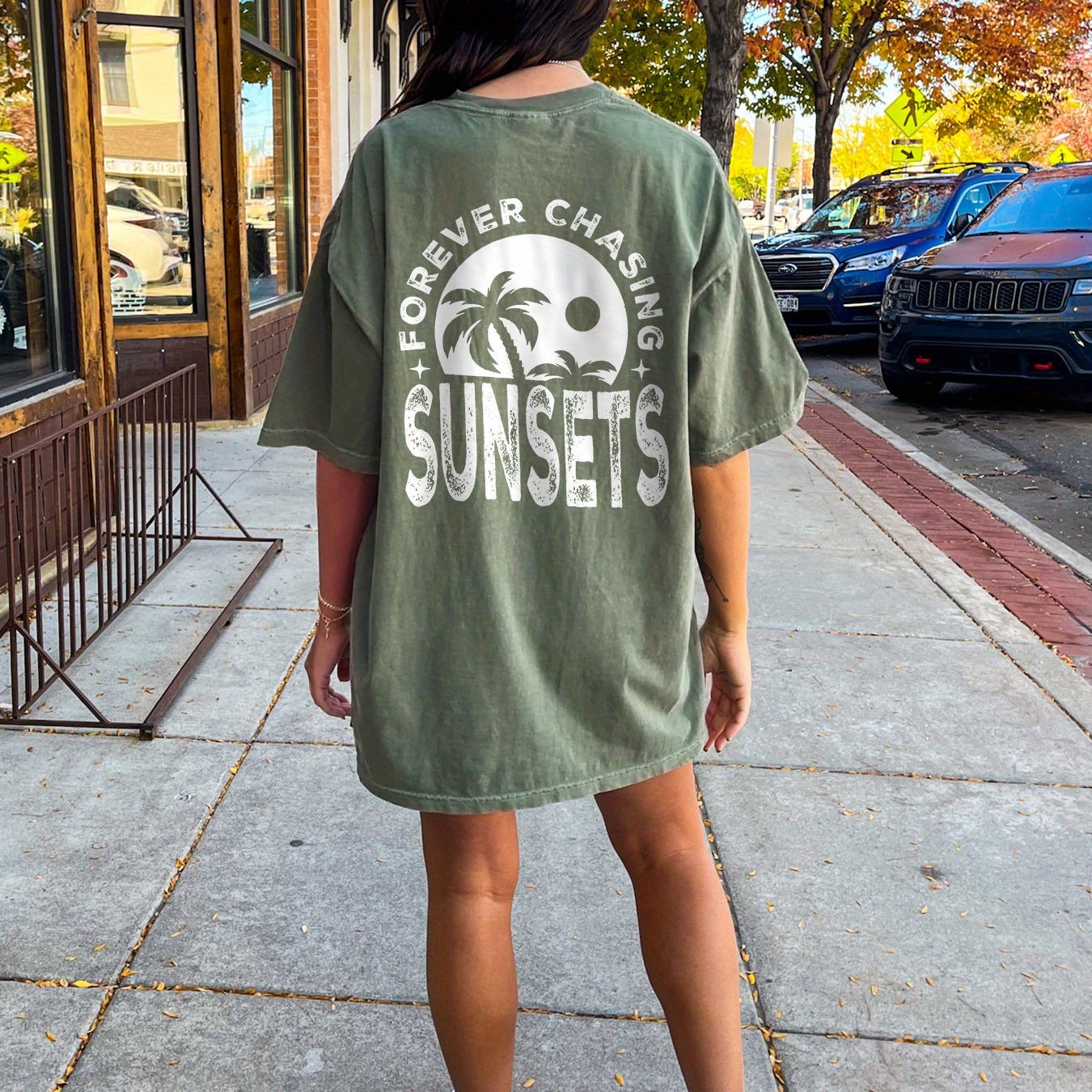 Image of Print Crew Neck Tee Dress, Casual Short Sleeve Dress For , Women's Clothing