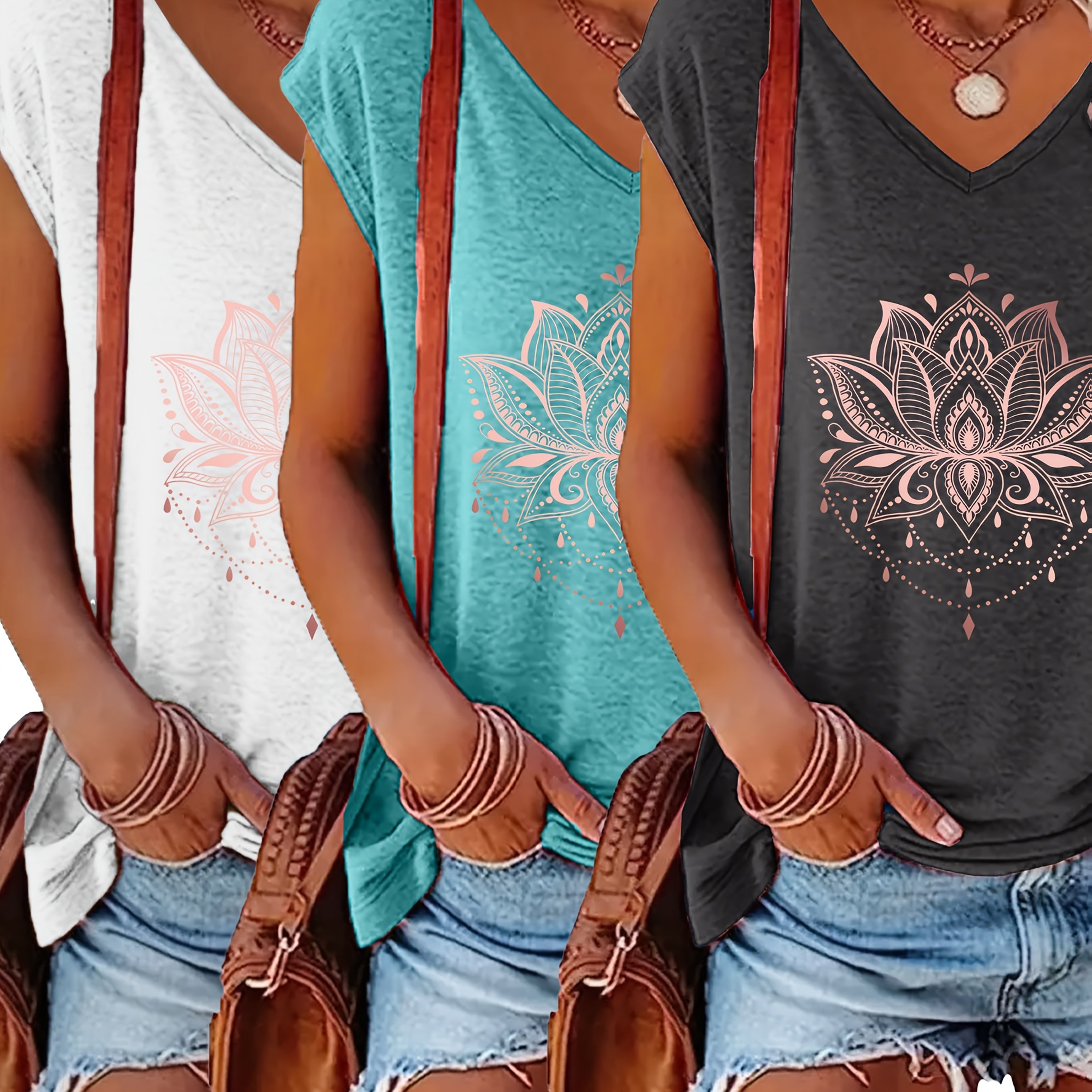 Image of Plus Size - Plus Size - 3pcs Printed V-neck T-shirts, Casual Short Sleeve T-shirts For Spring Summer, Women's Clothing