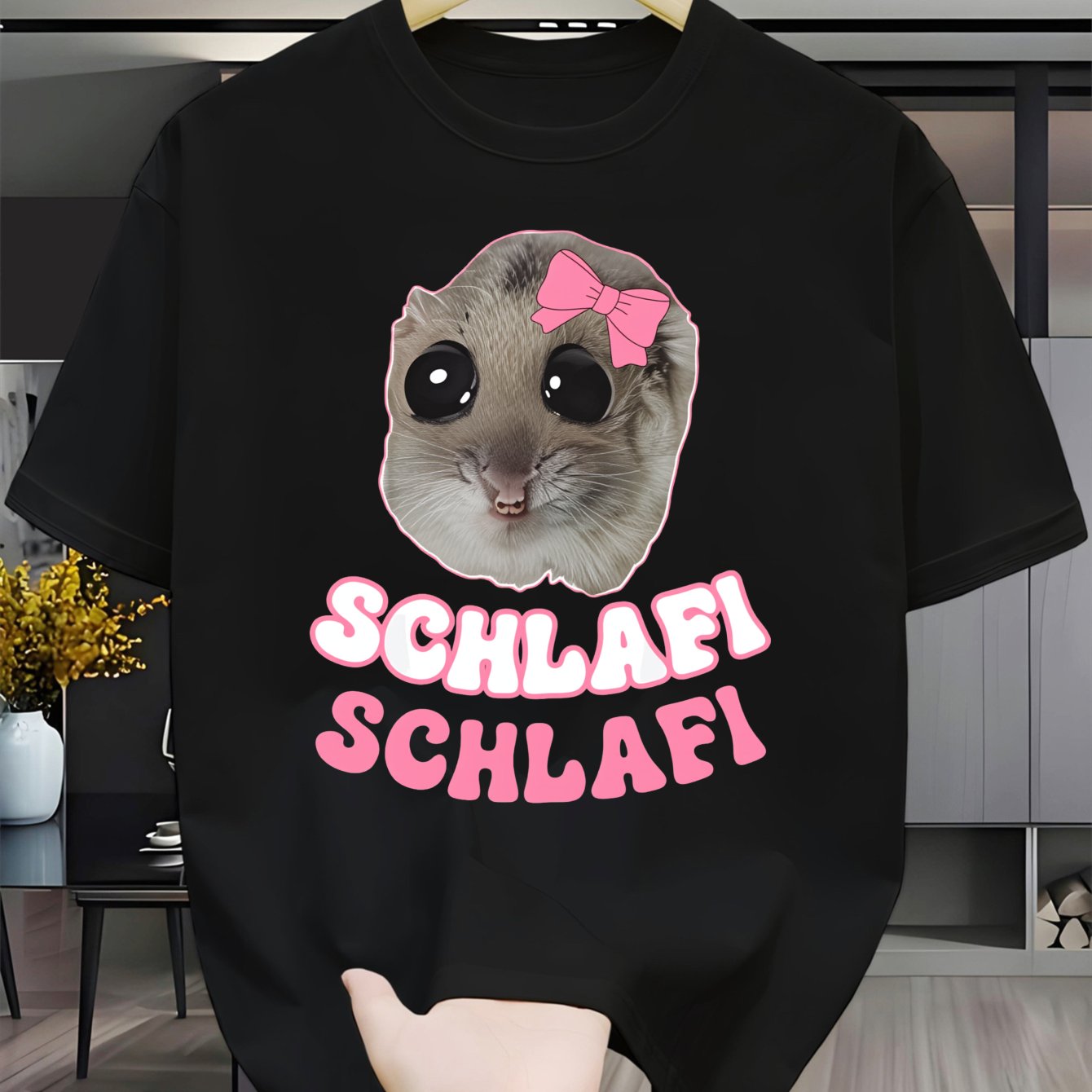 TEMU New Sleeping Hamster T-shirt, Round Neck Short Sleeve, Pink Bow And Sleeping , Suitable For Anime Fans, Cute Hamster Lovers, Casual Wear, Fun