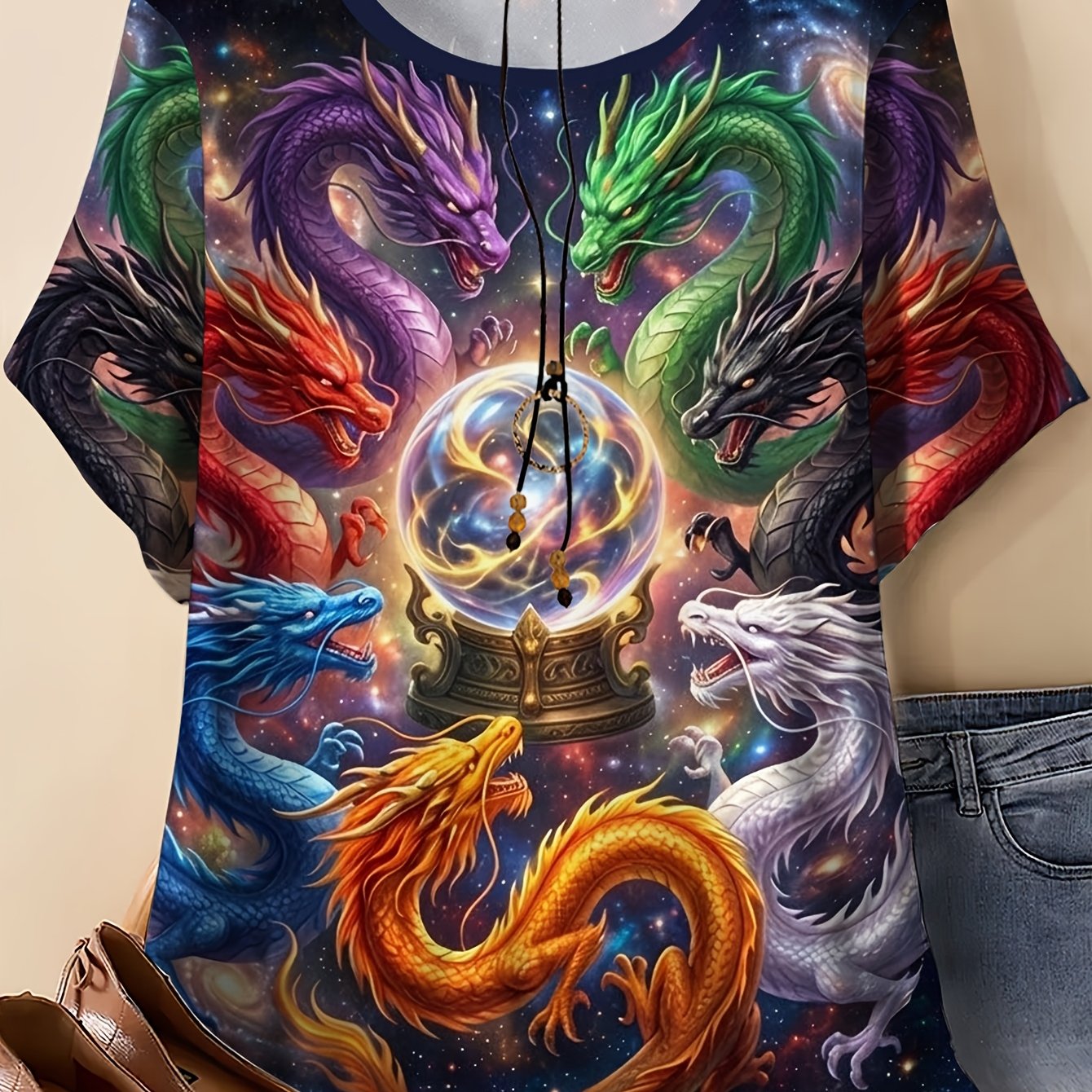 TEMU Plus Size - Plus Size - Plus Size Women's Loose T-shirt | Colorful Dragon And Starlight Pearl Print, Crew Neck, Short Sleeve, Breathable Casual,