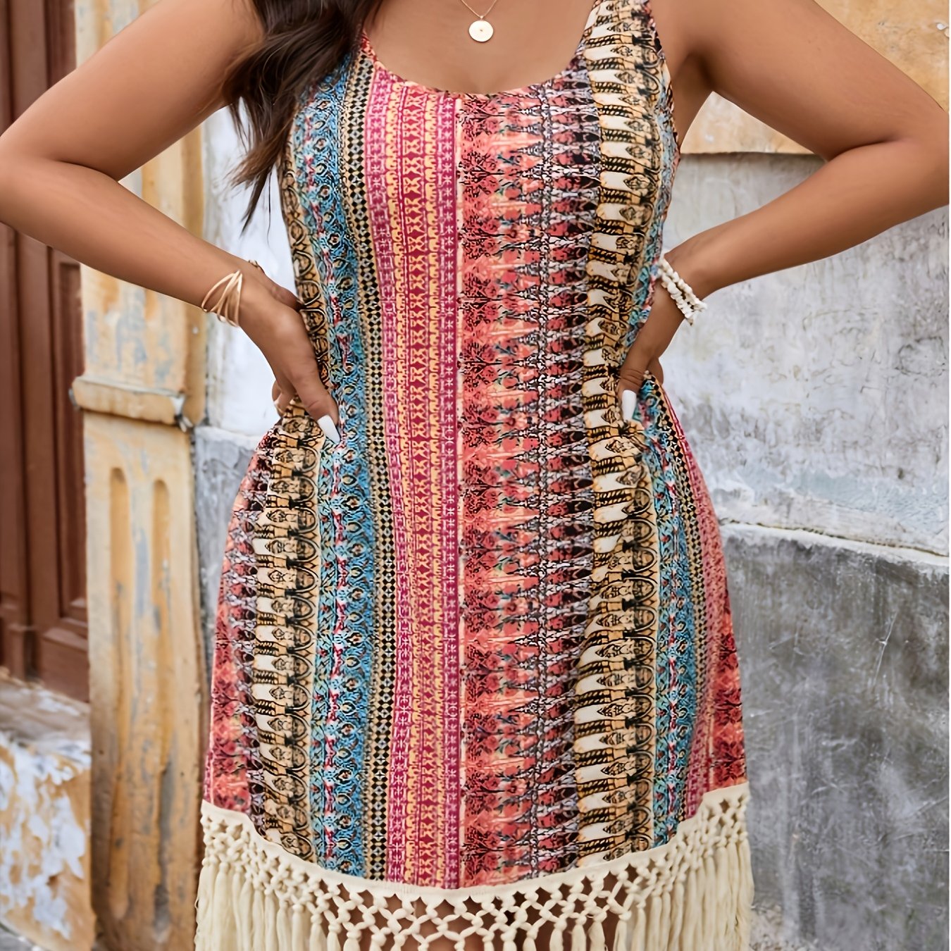 TEMU Plus Size - Plus Size - Summer New Plus Size Women's Sleeveless Printed Dress With Tassel Decoration Ladies Dress