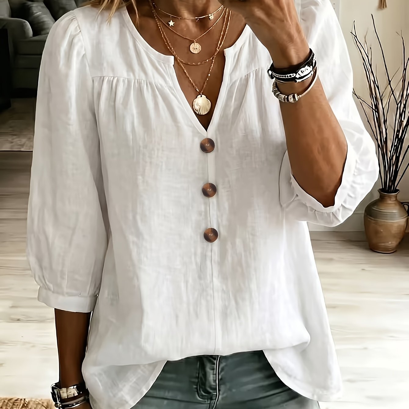 TEMU Women's Elegant Literary Style Linen Texture Shirt Top, Loose Fit V-neck With Lantern Sleeves, Single-breasted Button , Breathable And -friendly