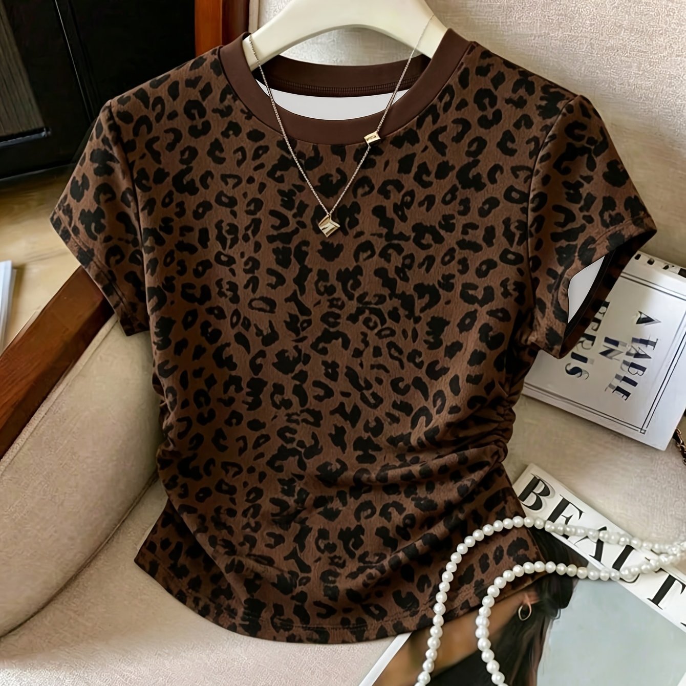 TEMU Women's Summer Casual Leopard Print T-shirt, Fashionable And Versatile With Waist-cinching Ruched Design