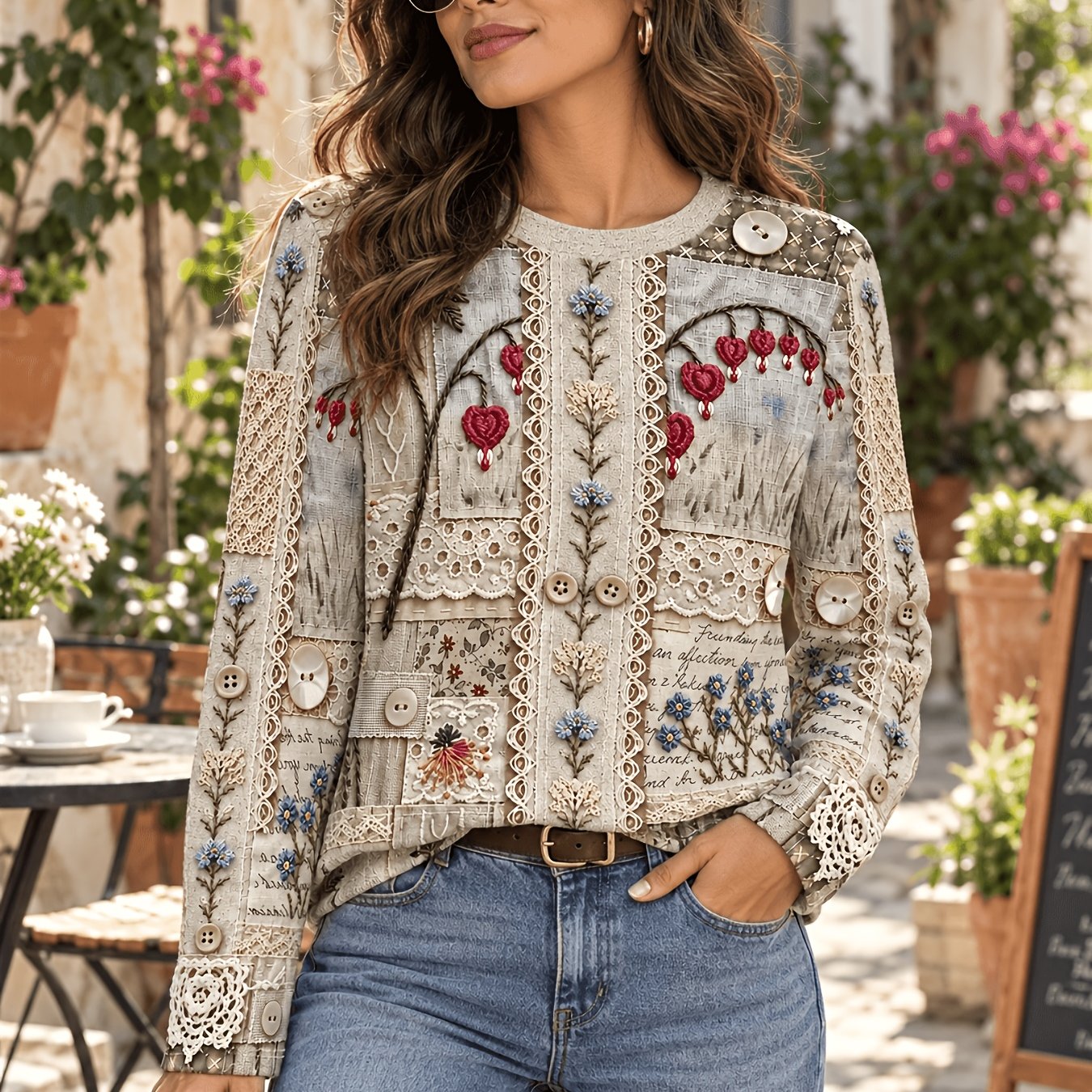 TEMU Barcode Women's Clothing, Vintage Faux Floral Long Sleeve T-shirt, Fake Lace Button Heart Flower Round Neck Long Sleeve Suitable For Spring