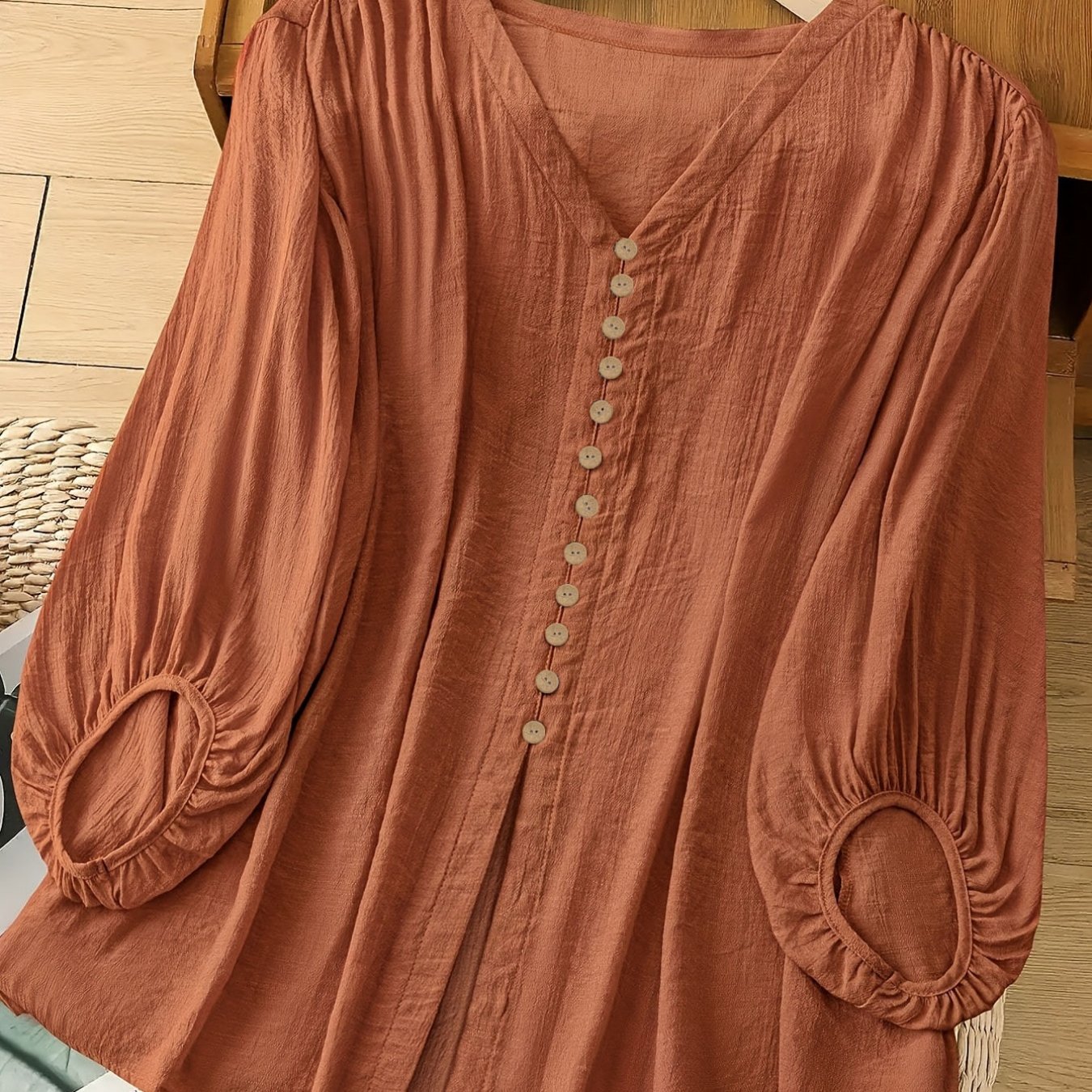 TEMU Grande Taille - Chemise pour femmes rondes, couleur unie, col en V, faux boutons, manches longues, haut décontracté pour , l'été et , blouse