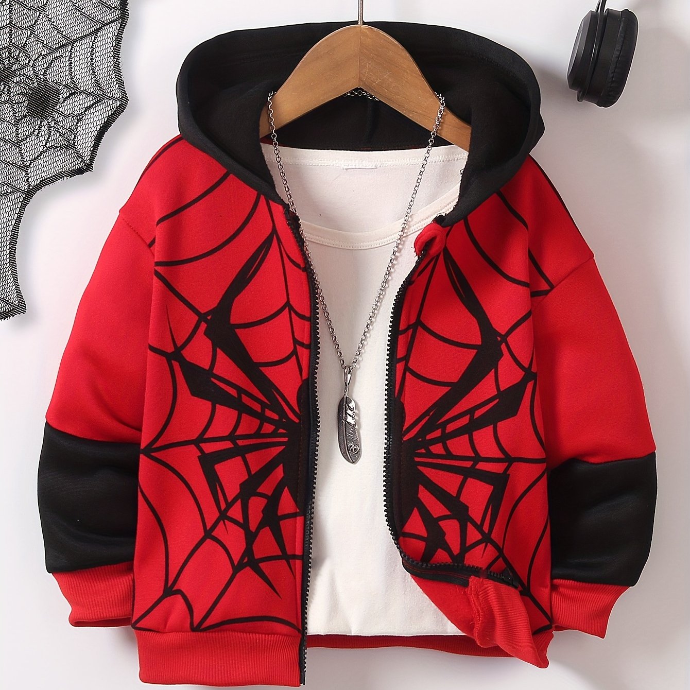 Image of Boys' Athletic Casual Spider Web Full Print Sleeve Zipper Hoodie Jacket Outdoor Party Warm Comfortable Fall Winter, Christmas, Halloween
