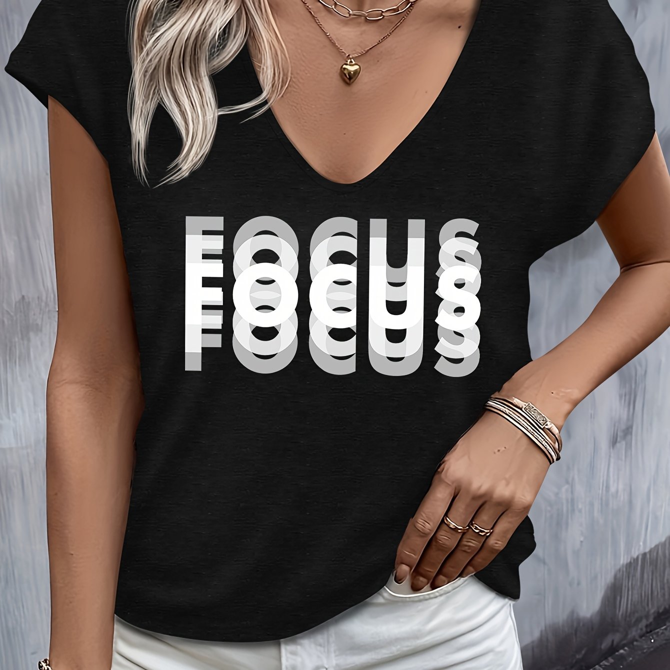 TEMU Women's V-neck Short-sleeve T-shirt With Focus Lettering Print - Spring Summer Casual Blouse, Medium-stretch V-collar Top, Short-sleeve Casual