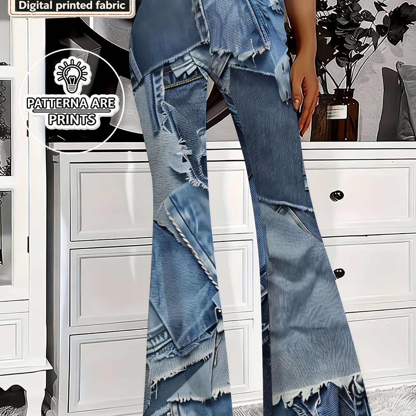 TEMU [printed Pants - Not Denim Fabric]women 2d Denim Print High Waist Flare Pants Retro Y2k Street Style Stretchy Bell Bottom Trousers Lightweight