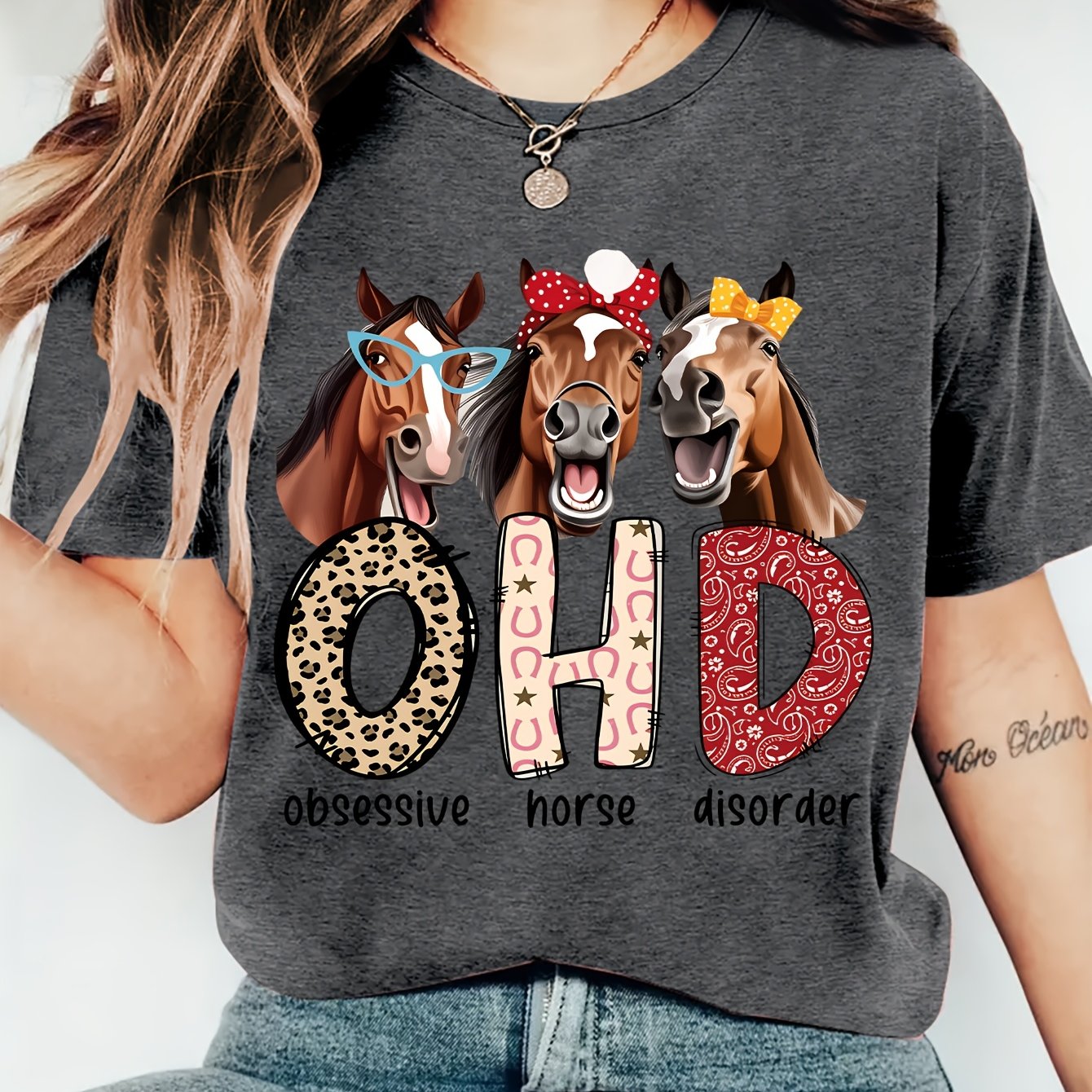 TEMU New Year's Gift Spring/summer Women's Apparel Pony Letter Print Crew Neck Short Sleeve T-shirt, Comfortable, Soft, Stylish, Elegant, Party,