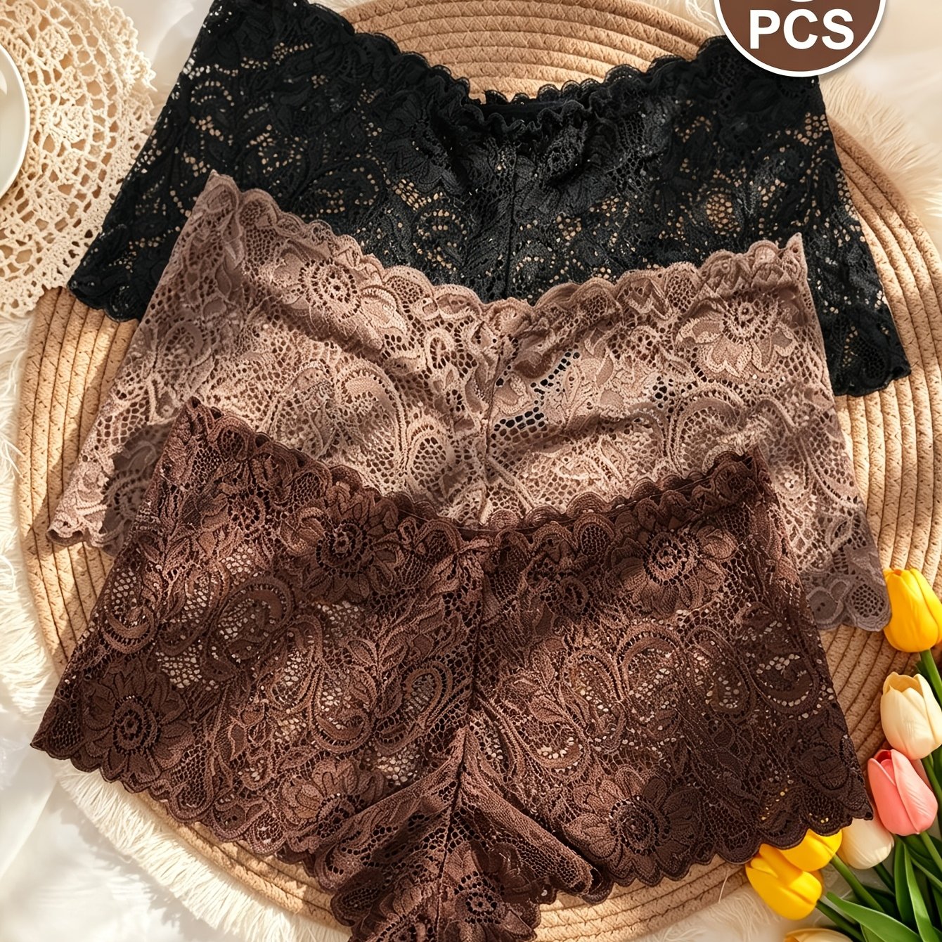 TEMU 3pcs Yincoco Women's Floral Lace Panties - Mid-waist Briefs With Hollow-out Anti-chafing Underwear, Hem & Lace Trim, Non-sheer Suitable For