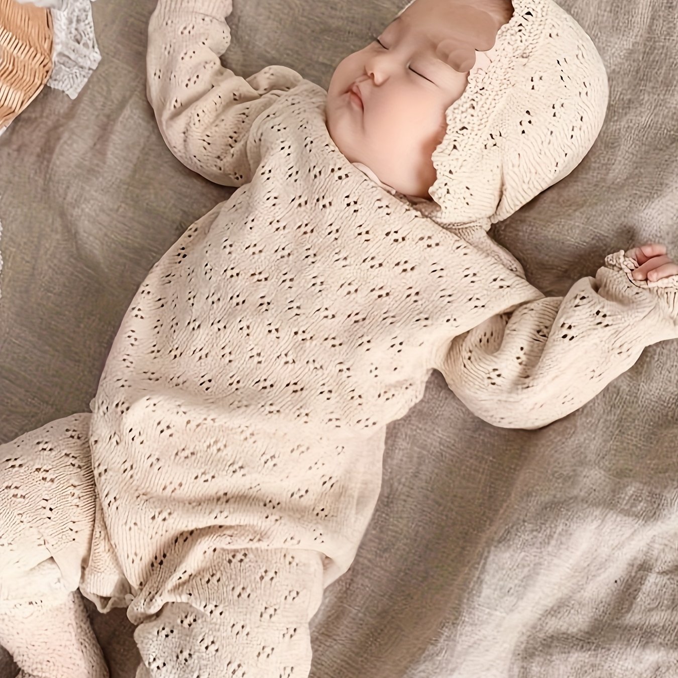 Image of P704 Autumn New Hollow-out Ted Bodysuit For Baby Girls With Lace Long Sleeves And Hooded Romper, Perfect For Outdoor