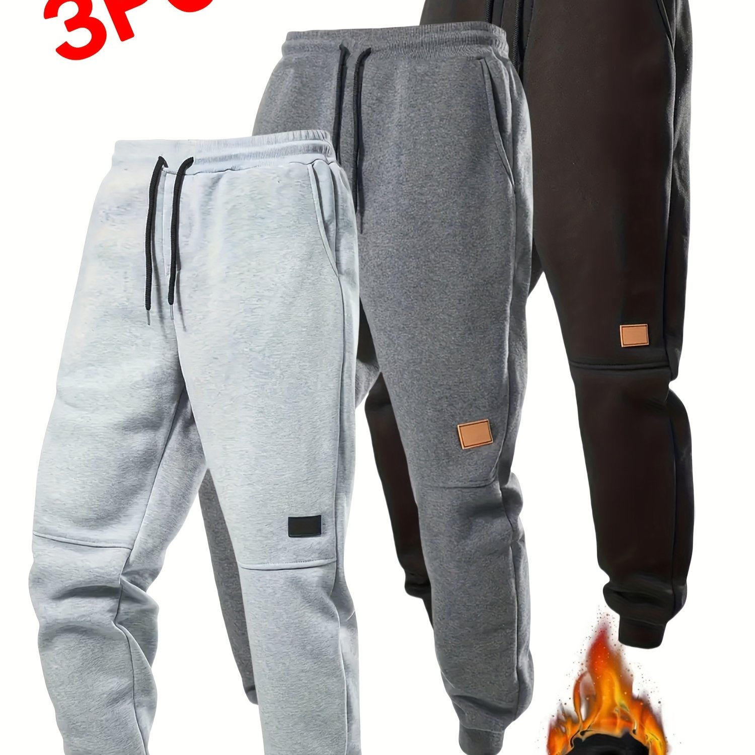 Image of 3pcs Men's Warm And Plush Sports Pants - Drawstring Waistband, Autumn And Winter Casual Solid Color Pants, Outdoor And Daily Wear, Jogging Pants, Wear, Plush Texture, Soft Texture, Casual Wearer