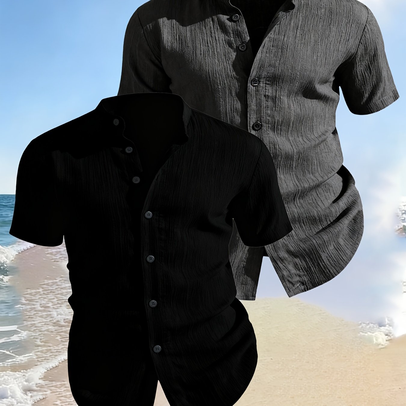 TEMU 2pcs Obm Men's Summer Short-sleeve Shirts - Lightweight Breathable Button- Collar Vertical Stripe Button-front Stand Collar Beach Pool Party