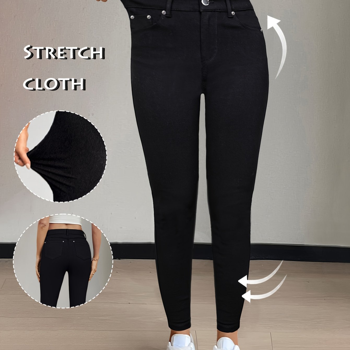 Image of Y2k Women's Streetwear: Solid-color Easy Casual Pants Featuring Rivet Details And Pockets. A Stretchy, Slim-fit, Denim- That A Tight, And The Hips