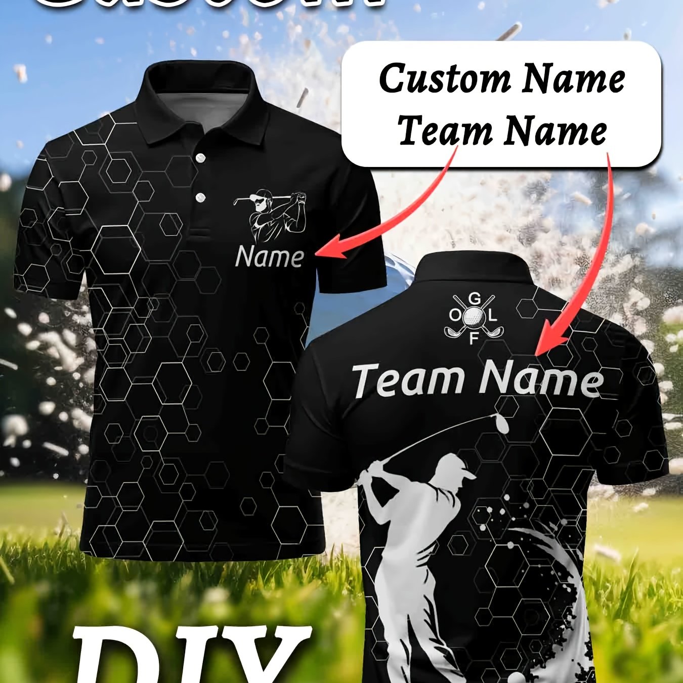 TEMU Men's Custom Golf Shirt - Personalized With Name/team Name - White And Black Golf Design - Golf , Corporate Events, - Breathable Soft Polyester