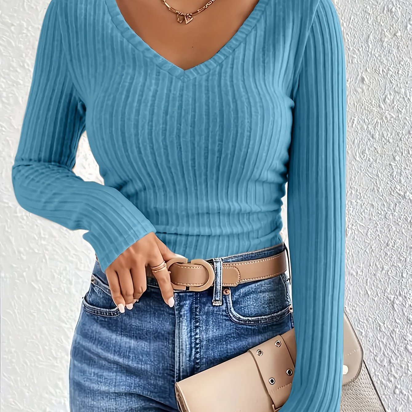 TEMU Women's V-neck Long Sleeve Ribbed Brushed Loose T-shirt, Western Style Casual Top