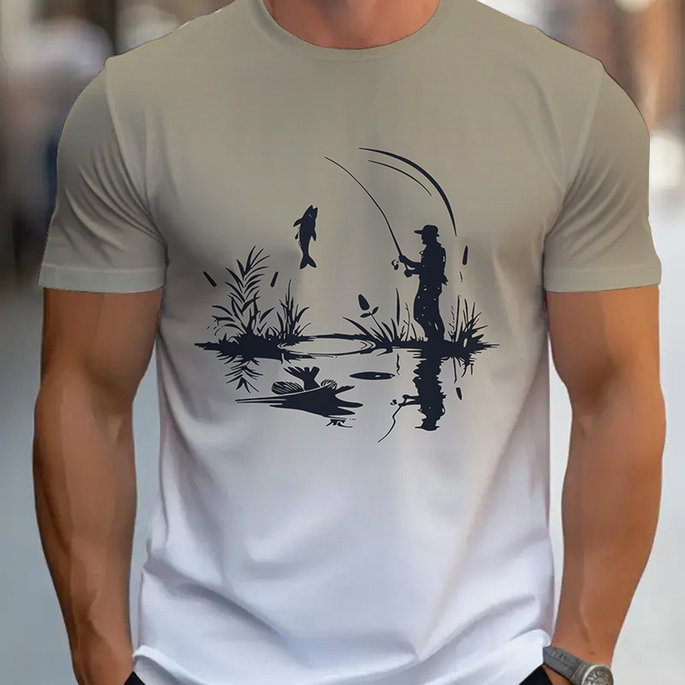 TEMU Outdoor Fishing T-shirt - Breathable Short-sleeve Summer Top With Fishing Rod & Fish Print Design, Loose-fit Round Neck Suitable For Casual