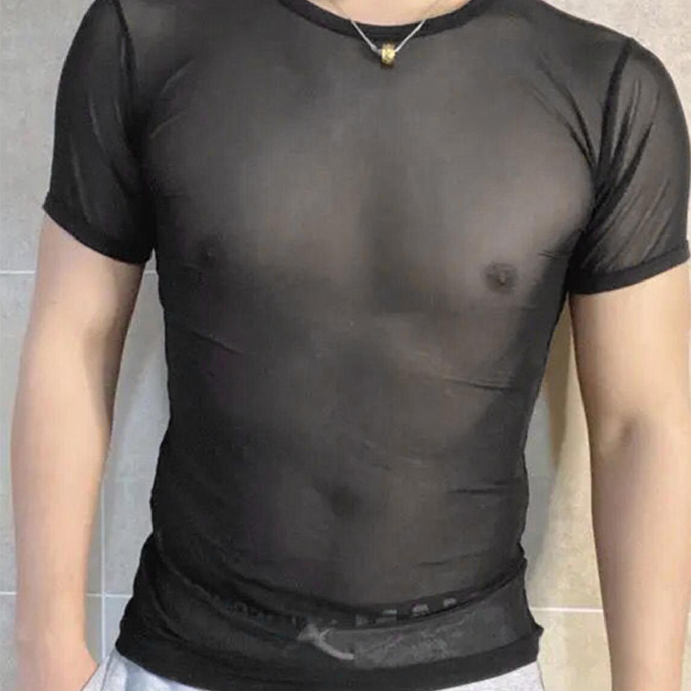 Image of Incerun Men's Breathable Mesh Semi-sheer T-shirt - Summer Casual Round Neck Short Sleeve Tee, Solid Color Regular Fit, Machine Washable, Lightweight Clothing | Semitransparent Style | Comfortable Wear