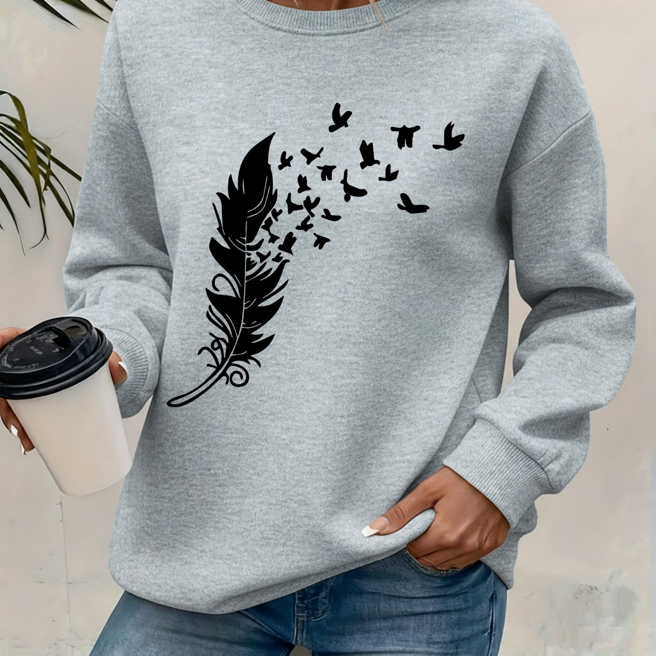 TEMU Women's Stylish Round-neck Sweatshirt, Featuring A Printed Design, Perfect For Autumn And Winter With Added Fleece