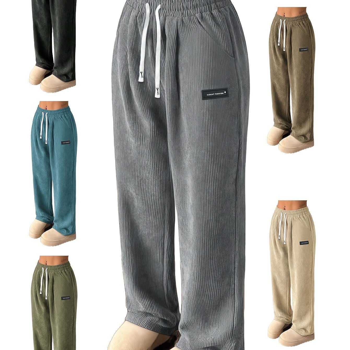 TEMU Women's Corduroy Casual Straight Leg Pants, Solid Color Drawstring Vintage Pockets, Breathable & Comfortable, Suitable For Daily Activities,