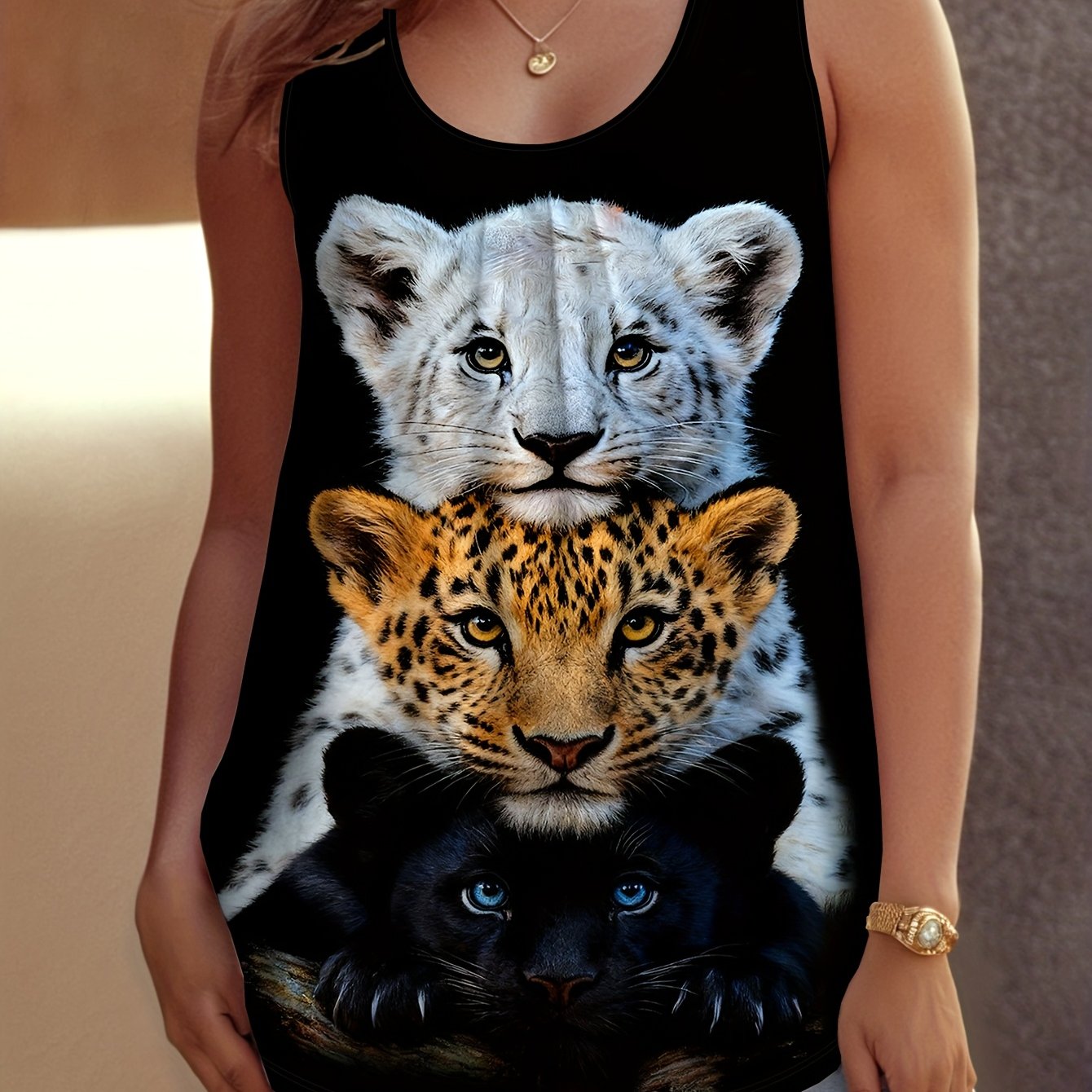 TEMU Women's Summer Casual Sleeveless T-shirt â Animal Print, Breathable Textured Fabric, Round Neck Design, Machine Washable, Suitable For Outdoor