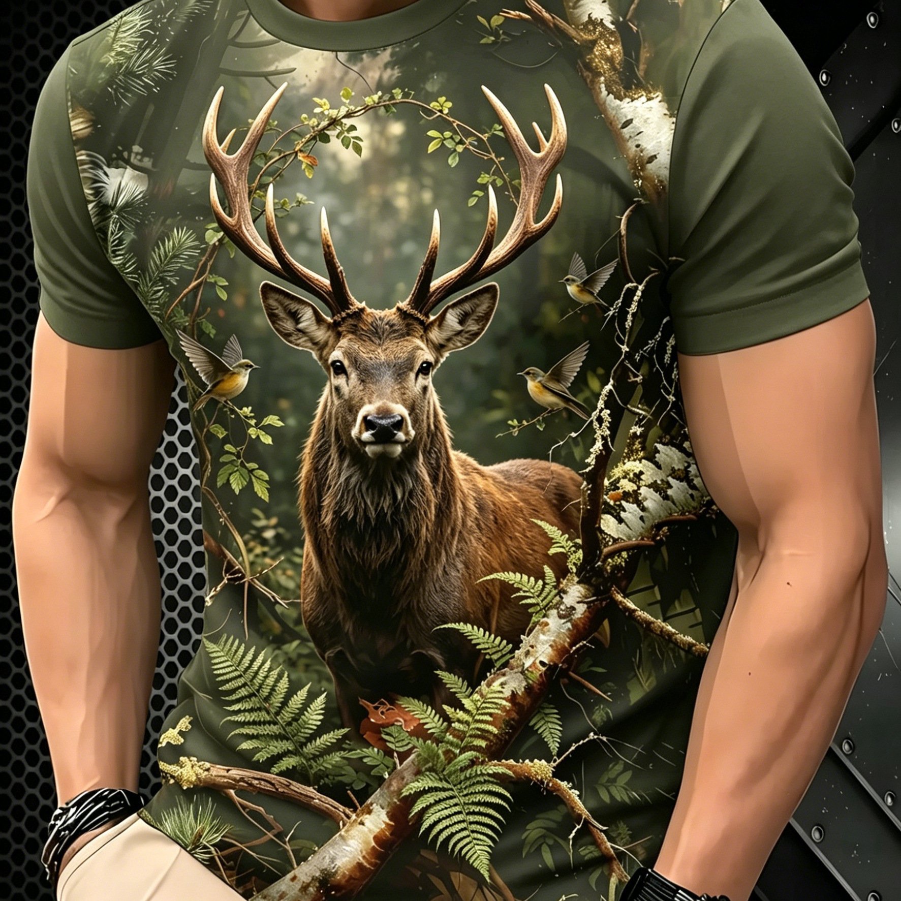 TEMU Men's Plus Size Oversized T-shirt With Fawn Forest Print - Short Sleeve Crew Neck Casual Summer Top, Loose Fit Suitable For & Tall, Machine