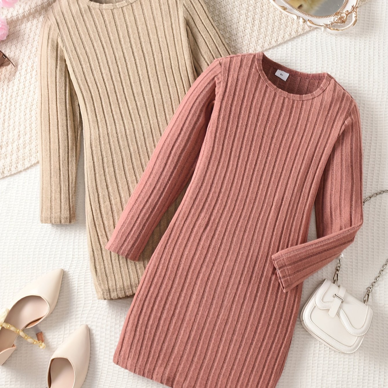 Image of Little Girl' Color Ribbed Slim Fit Elegant Long Sleeve Dress, Casual Comfortable 2pcs Set, Suitable For Children's Autumn And Winter Clothing