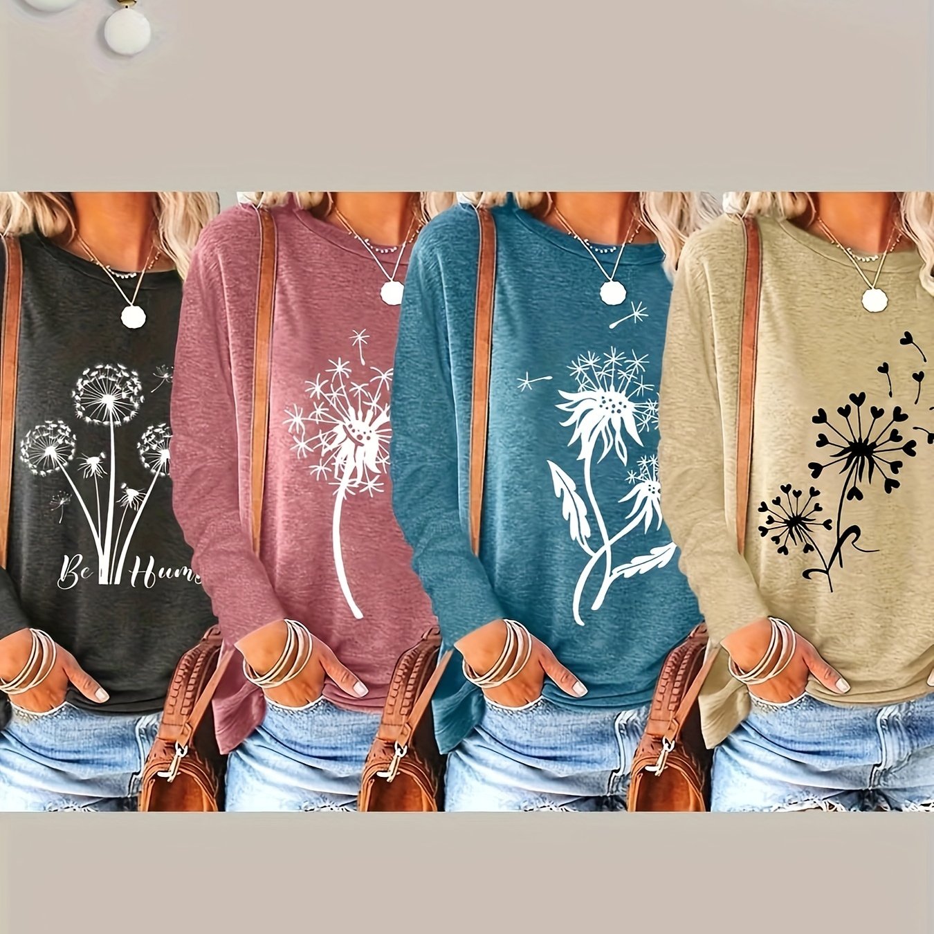 Image of Plus Size, 4pcs Printed Round-neck Long-sleeve Tops, Casual Loose-fit Spring/autumn Women's Clothing