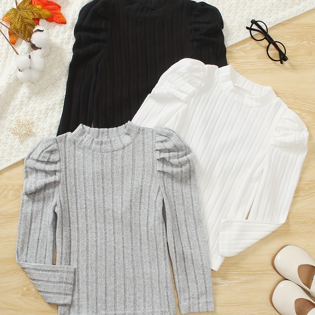Image of Girl 3pcs Of Decoration, Versatile Pleated Long-sleeved High-necked Top, Soft And Comfortable For Spring And Autumn