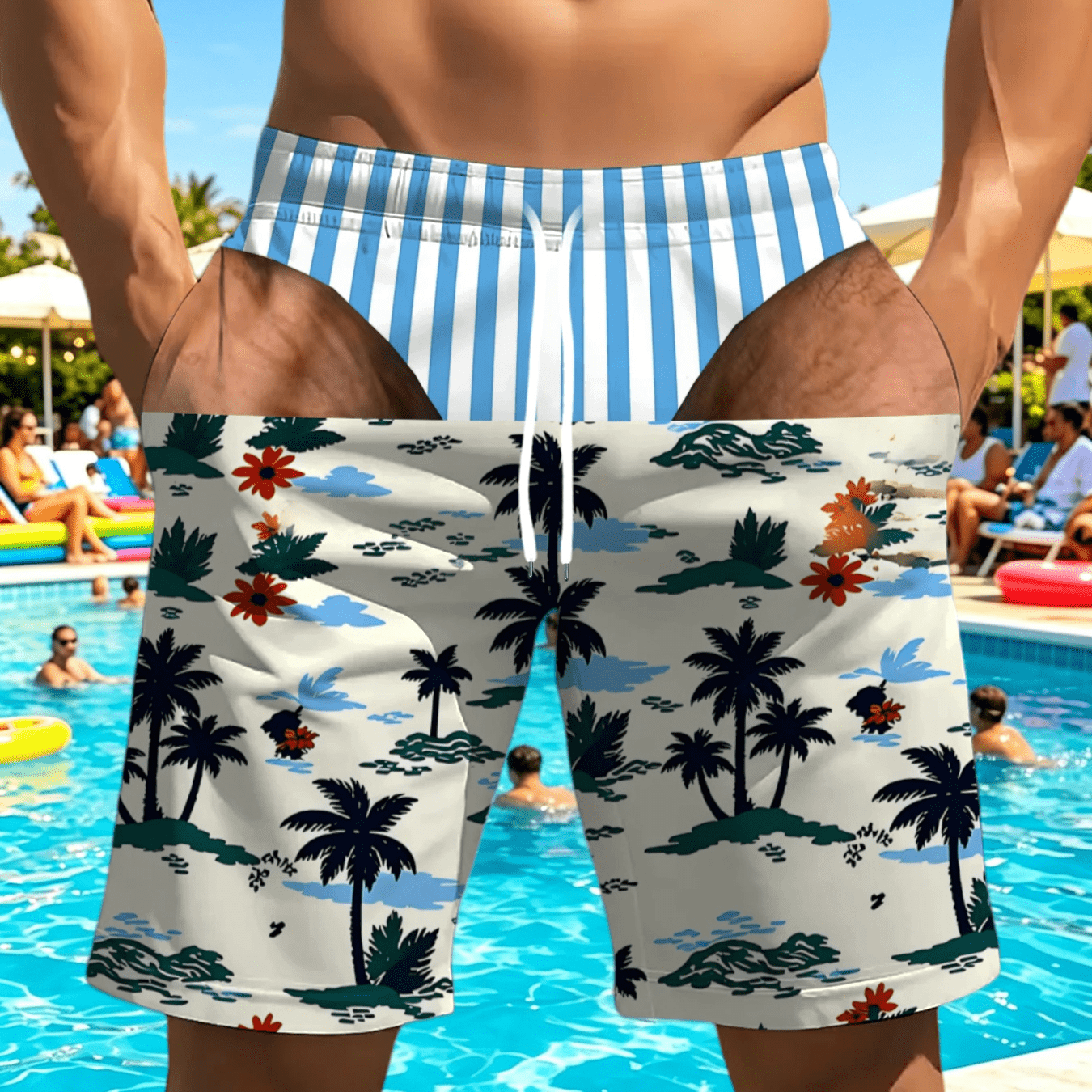 TEMU [print Design - Not Textured] Men's Creative Print Fake Two-piece Beach Shorts, Individual Coconut Tree Print Seaside Surfing Vacation Loose