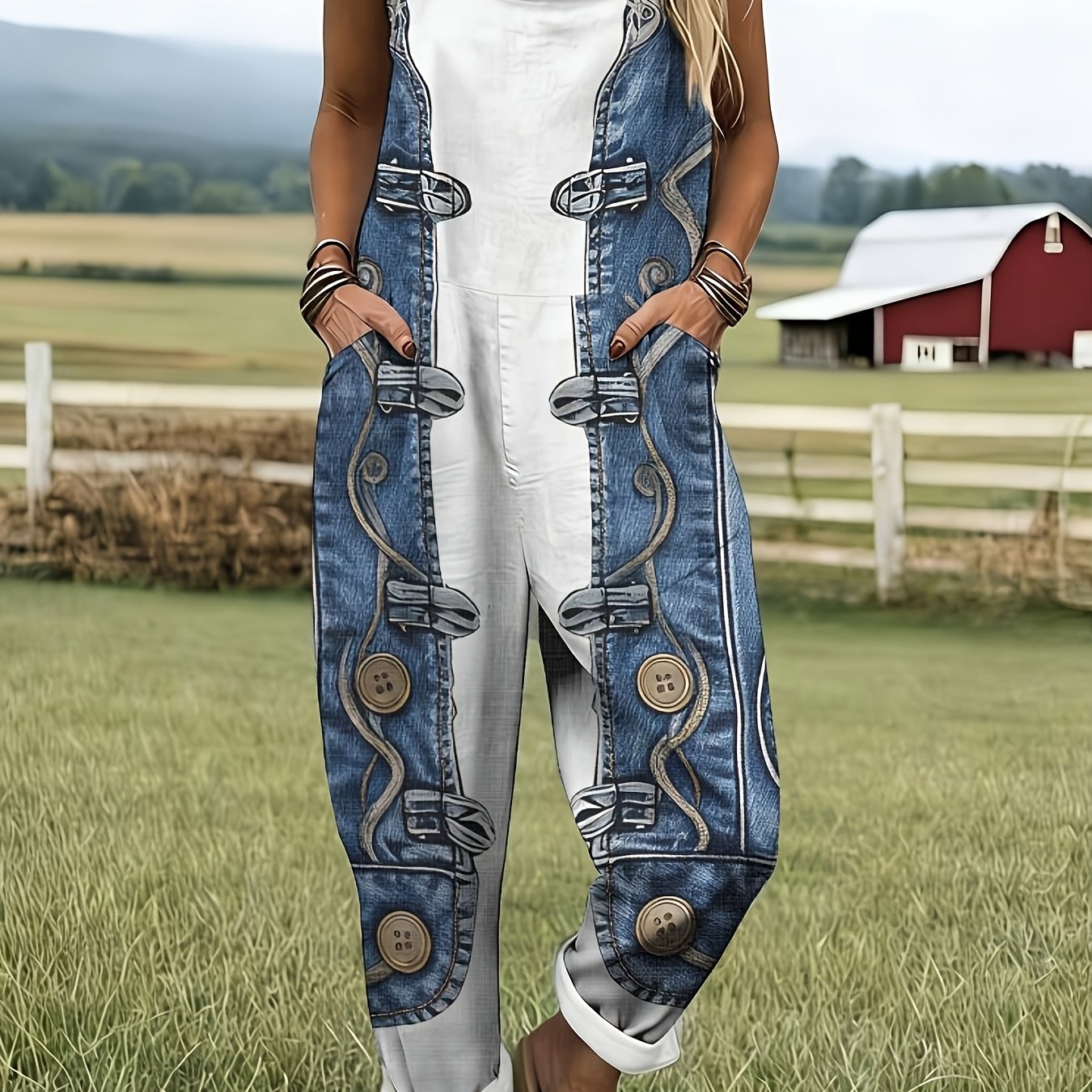 TEMU Plus Size 0xl-5xl Women's Vintage Overalls Wide-leg Pants With Waistband, , Full Print (suitable For Spring, Summer, And Autumn) | Machine