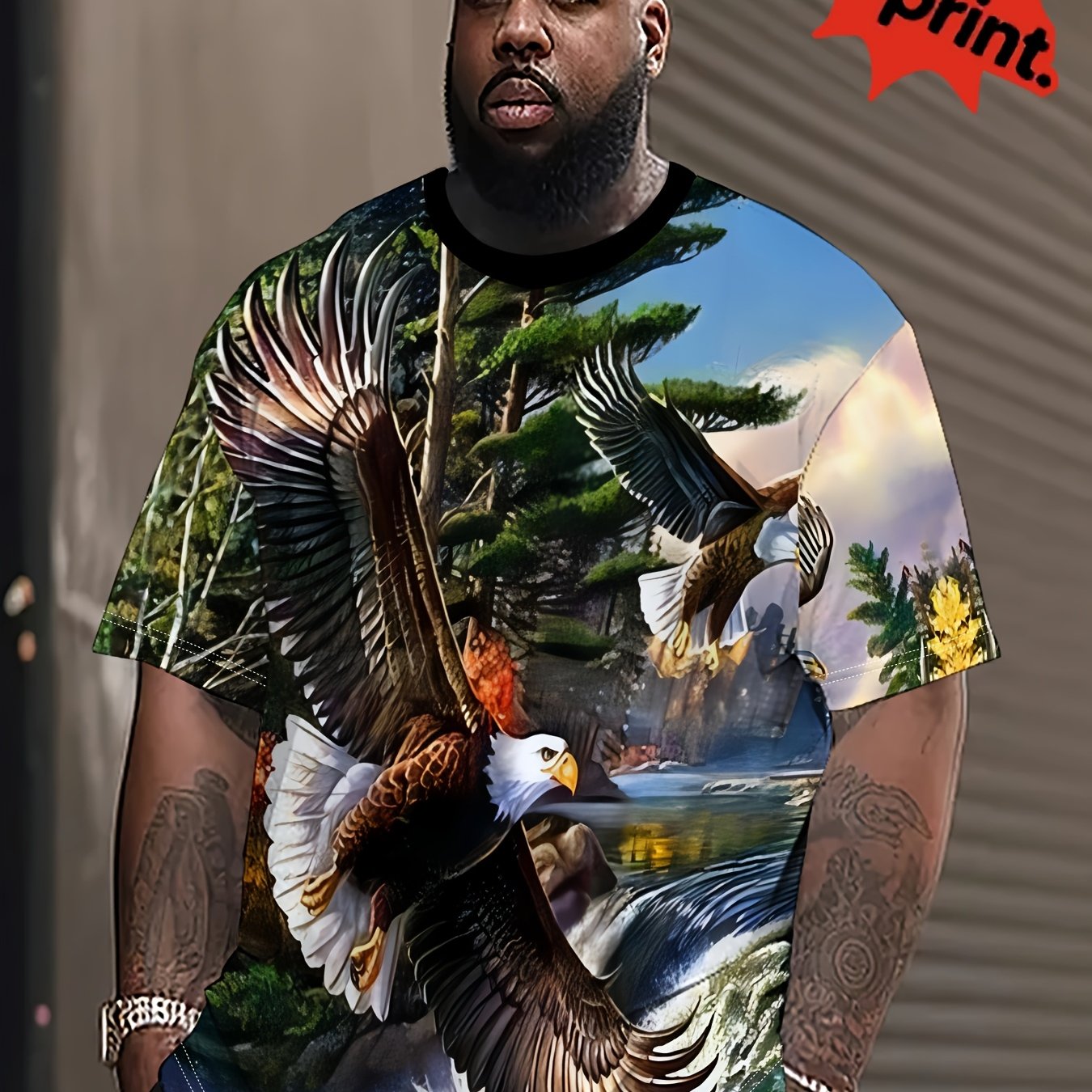 TEMU Men's Realistic Style Jungle Totem T-shirt Featuring Animal Art Scene Elements, Full Print, Trendy Streetwear Short-sleeve Top, Plus Size